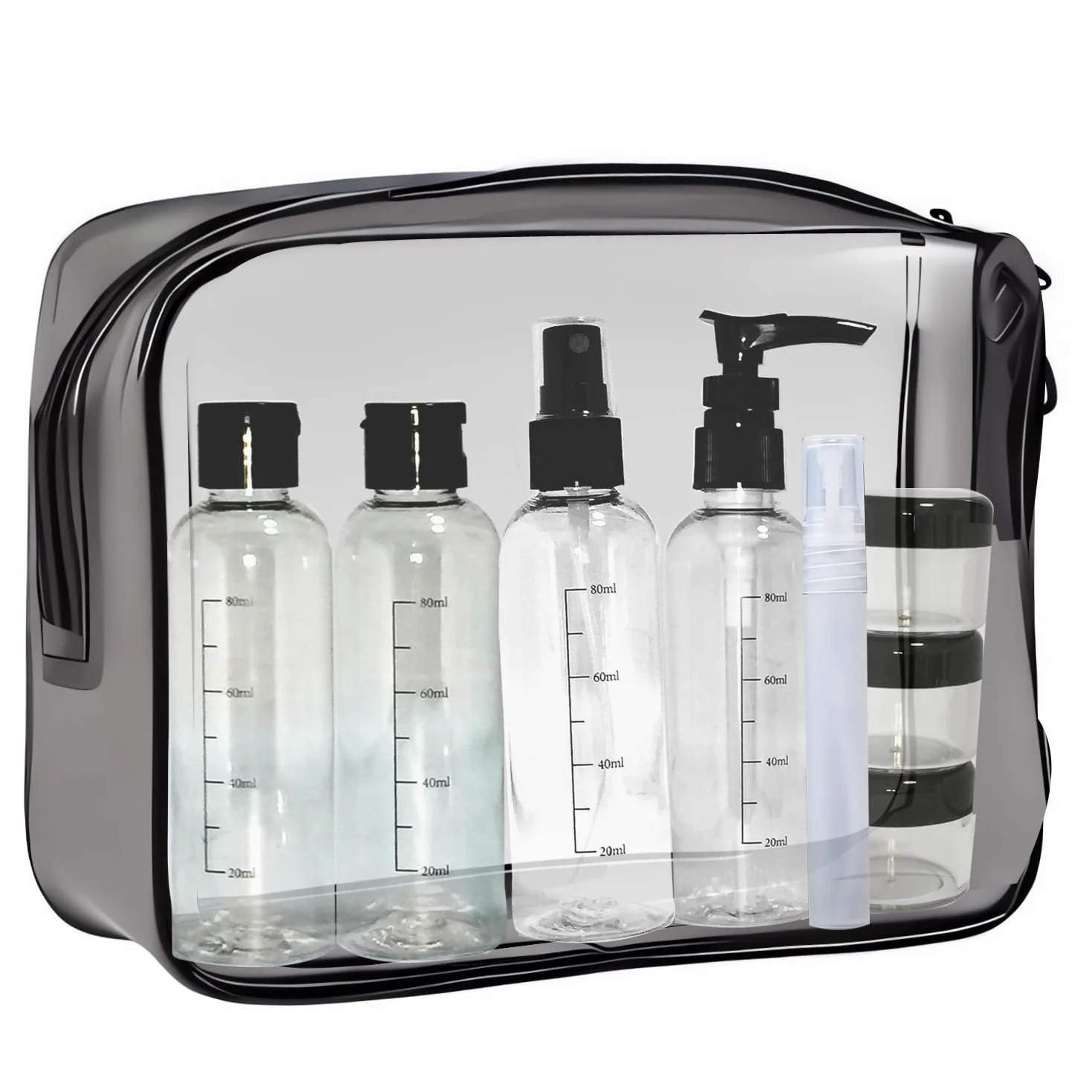 Trousse de toilette transparente avec Flacons Vide de Voyage 100ml – Kit de voyage avion femme homme