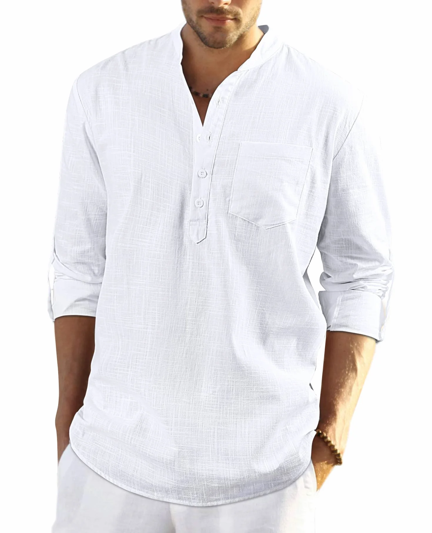 Enlision Chemises Hommes Lin Henley Manches Longues Mao Chemise Plage