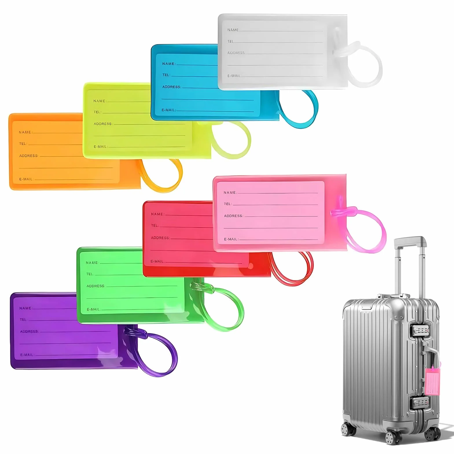 Étiquettes Bagages Silicone Souple Multicolore Résistantes avec Carte d’Identification pour Valises Sacs