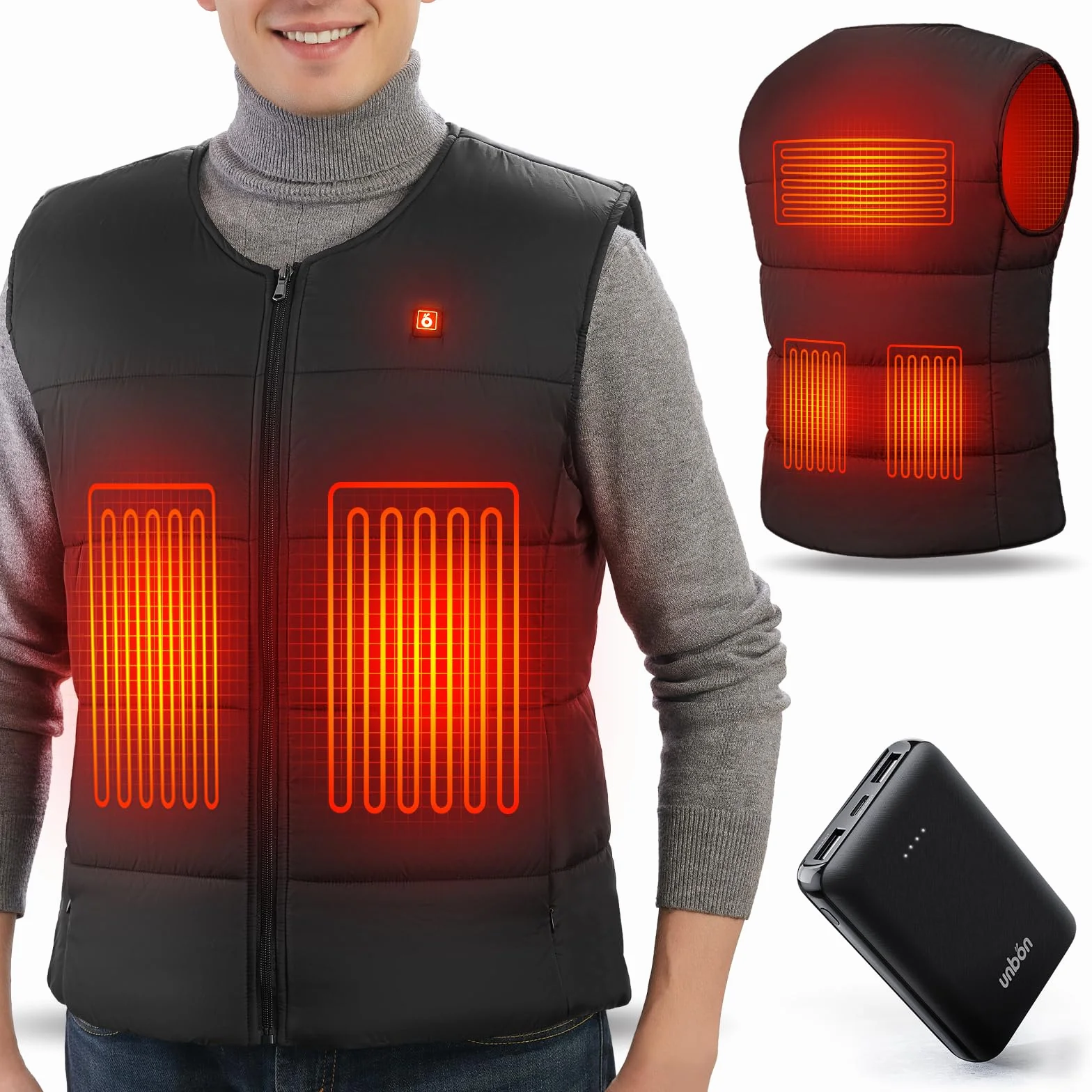 Gilet Chauffant Homme Femme avec Batterie Incluse 10000mAh USB Électrique 5 Zones Chauffage 3 Chaleurs