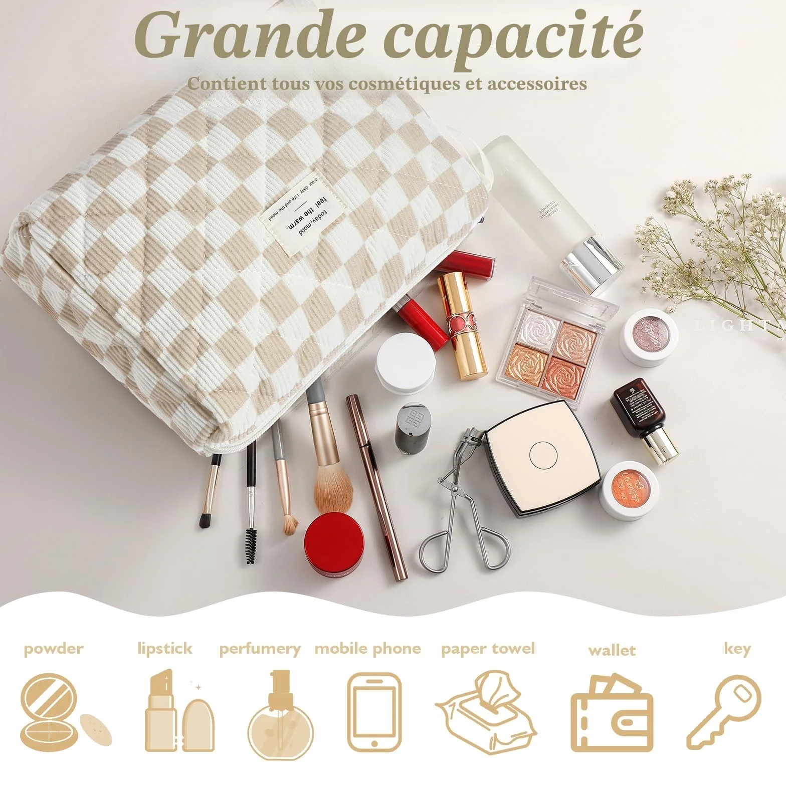 Lot de 3 Trousses de Toilette pour Femme Motif Floral Matelassée Portable Voyage (Kaki)