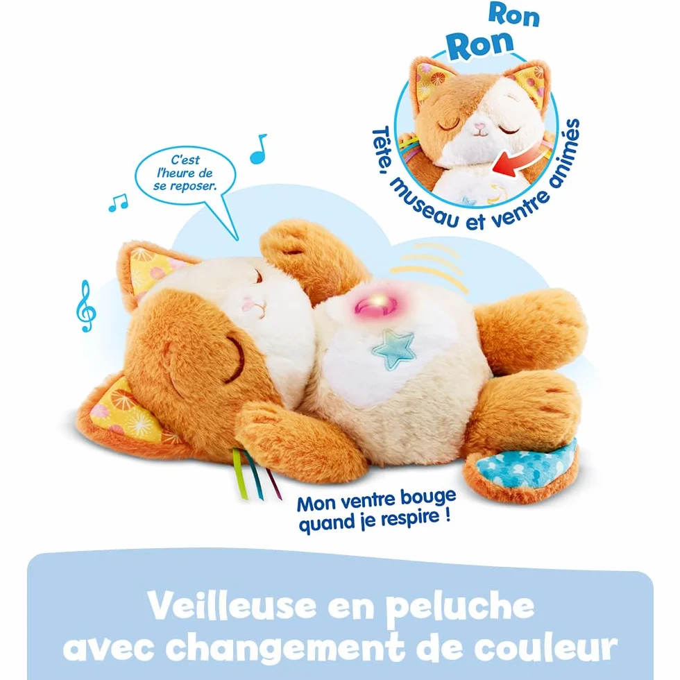 VTech Mon Chaton Douce Nuit Peluche Chat Qui Respire Veilleuse Bébé Musicale Lumineuse Berceuses Ronronnements Bruits Blancs Sons Nature Cadeau Naissance