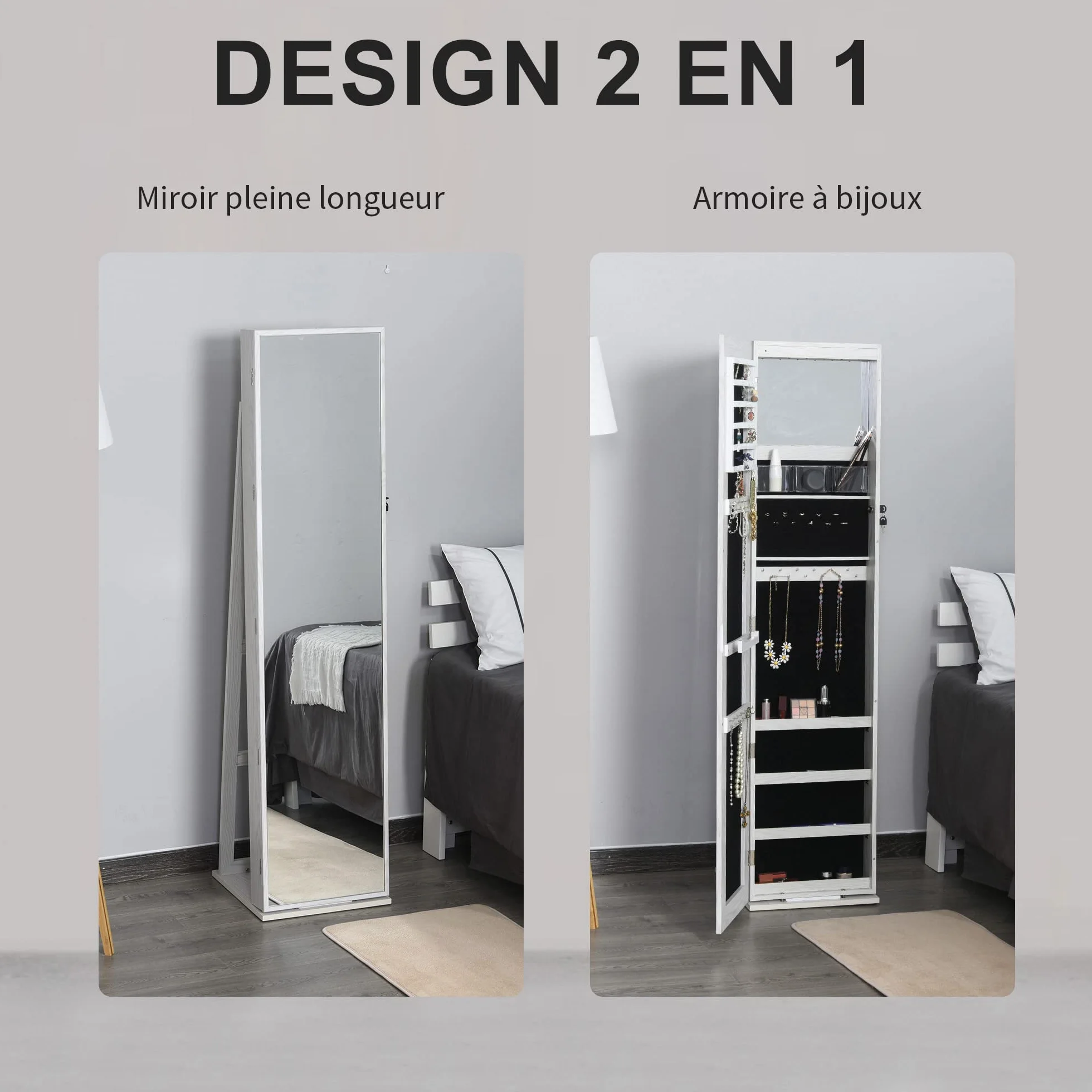 HOMCOM Armoire à Bijoux avec Miroir sur Pied LED Blanc 38x38x157 cm