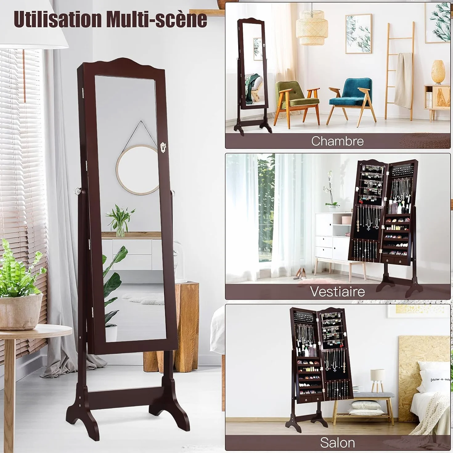 GOPLUS Armoire à Bijoux avec Miroir, 2 en 1, 14 Lumières LED, 6 Étagères, Meuble Bijoux Verrouillable en Bois, Brun
