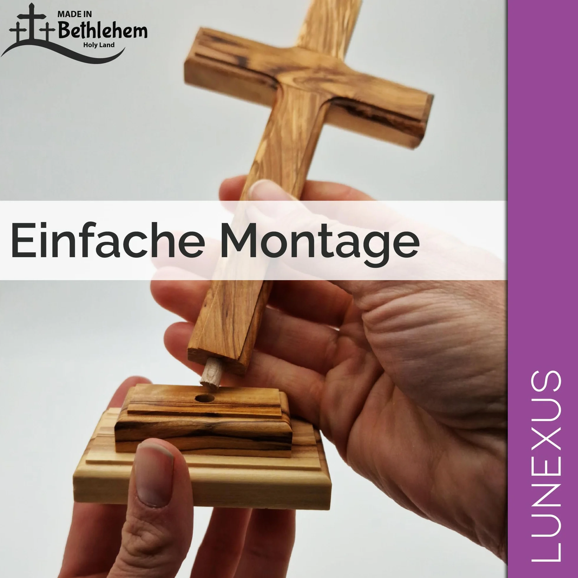 Croix sur pied en bois d'olivier 18,5 cm - Fabriquée à la main à Bethléem - Certificat de consécration - Croix de table chrétienne - Cadeau de baptême communion
