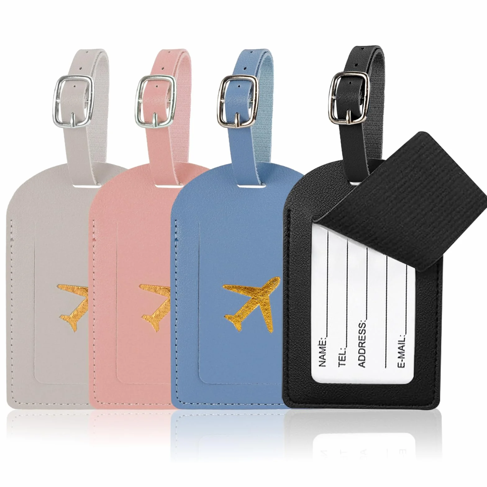 Étiquettes de Bagage en Cuir PU Imperméable avec Porte Adresse, 4 Pièces Boucle Réglable