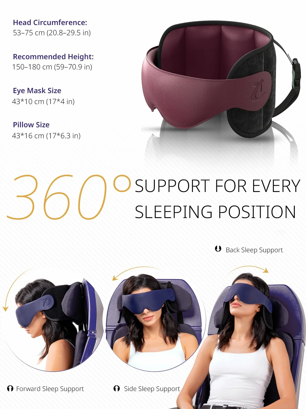 Oreiller de Voyage Cervical avec Masque 3D, Soutien de Tête 360°, Rouge