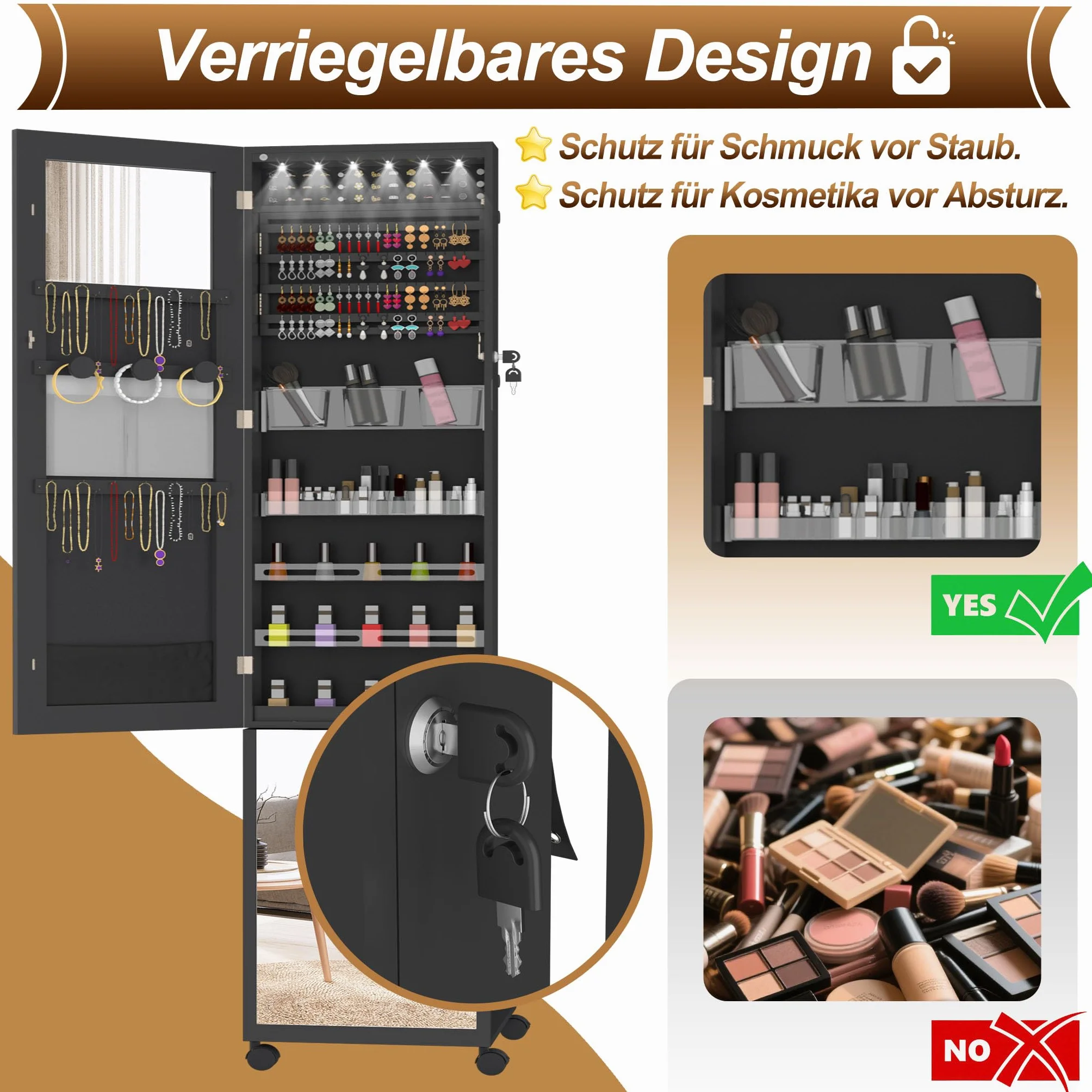 LZQ Armoire à bijoux avec miroir et lumières LED - Verrouillable - 36 x 40 x 170 cm - Noir