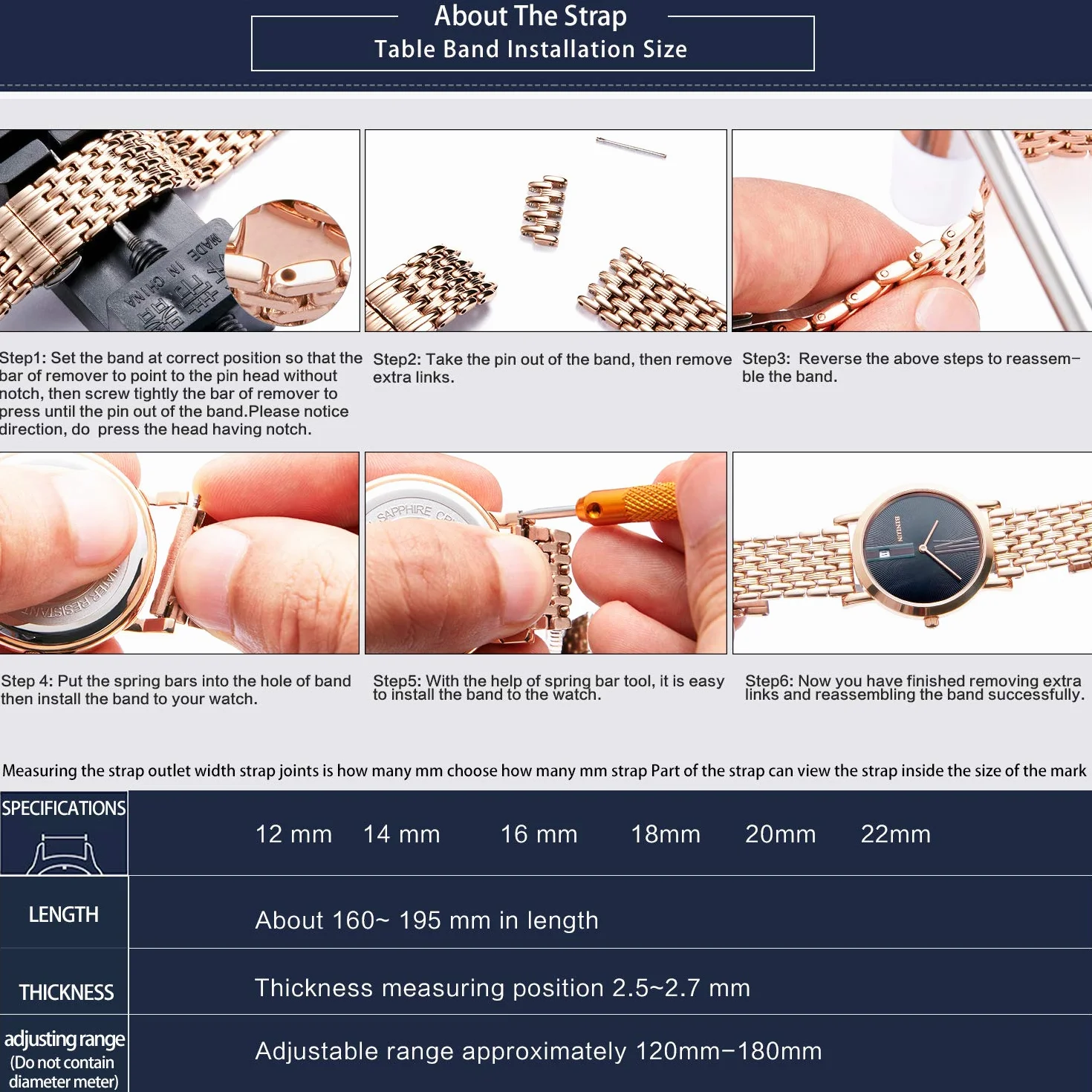 Bracelet de montre en acier inoxydable à mailles ultra fines 12mm 14mm 16mm 18mm 20mm 22mm pour femme