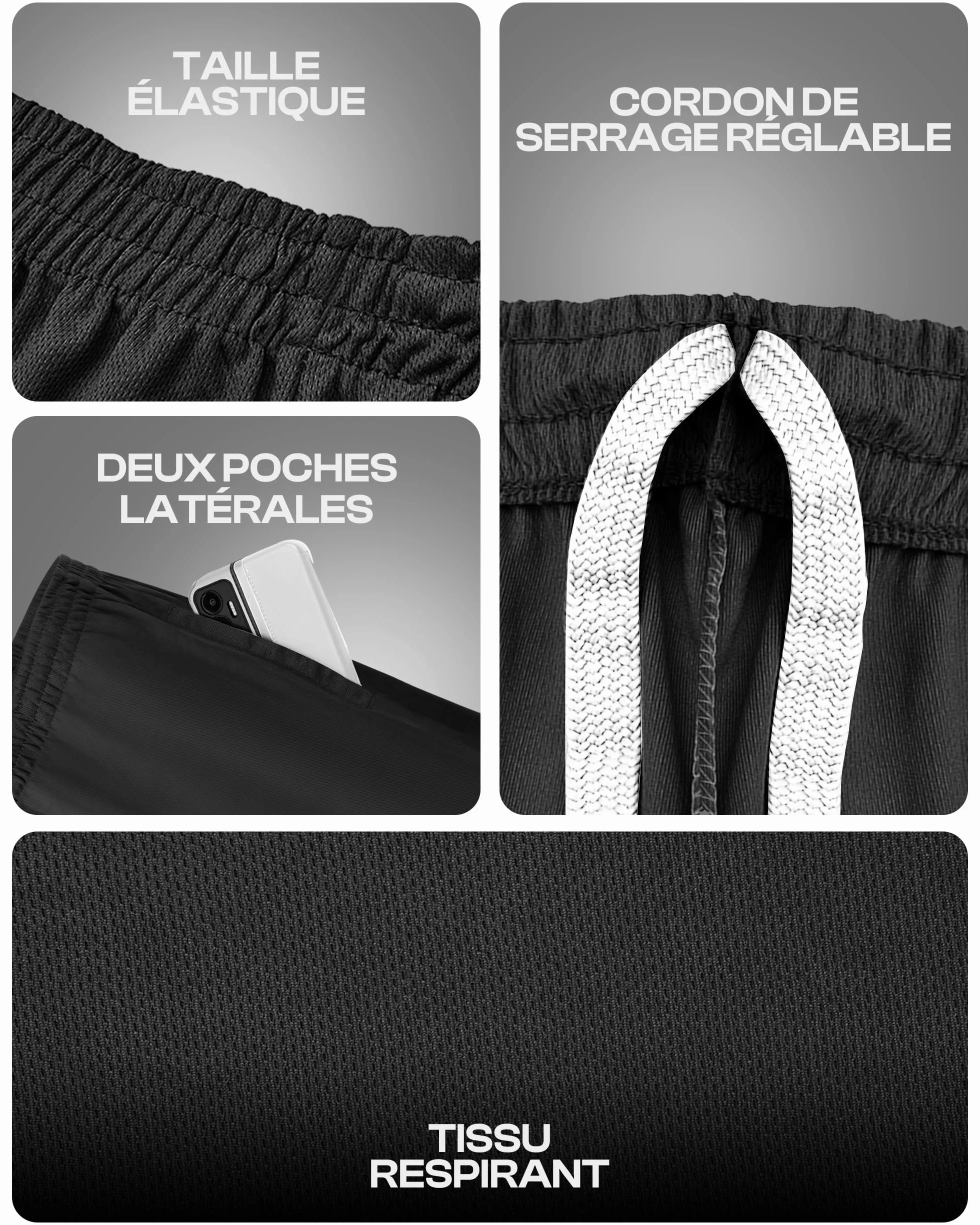 Short de Sport Homme Séchage Rapide Coupe Ample Léger Course Fitness Poches