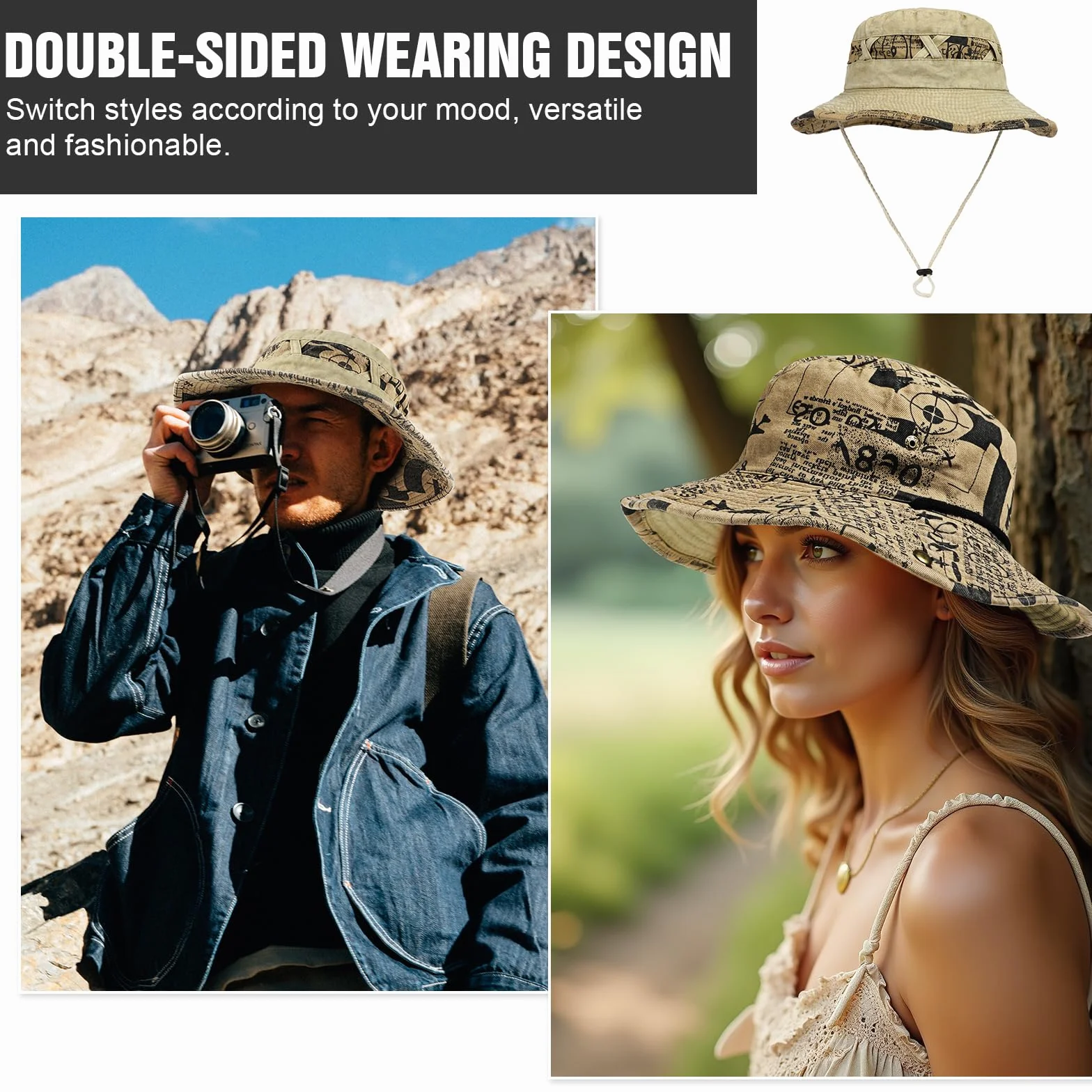 TAGVO Chapeau de Soleil Anti UV Unisexe Classique Chapeau Seau Réglable Large Bord Pliable Chapeau Cowboy Homme Femme Outdoor Ete