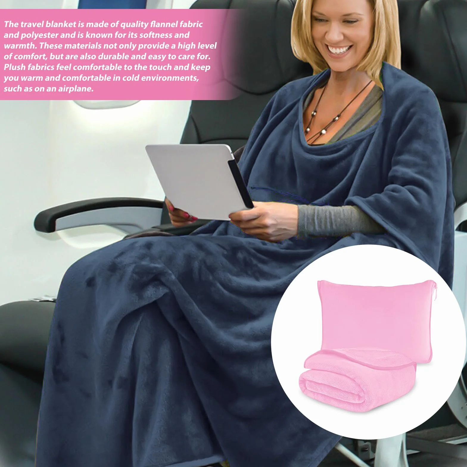 Couverture de voyage avion coussin transformable 2 en 1 portable avec fixation valise ultra légère chaude rose 152 x