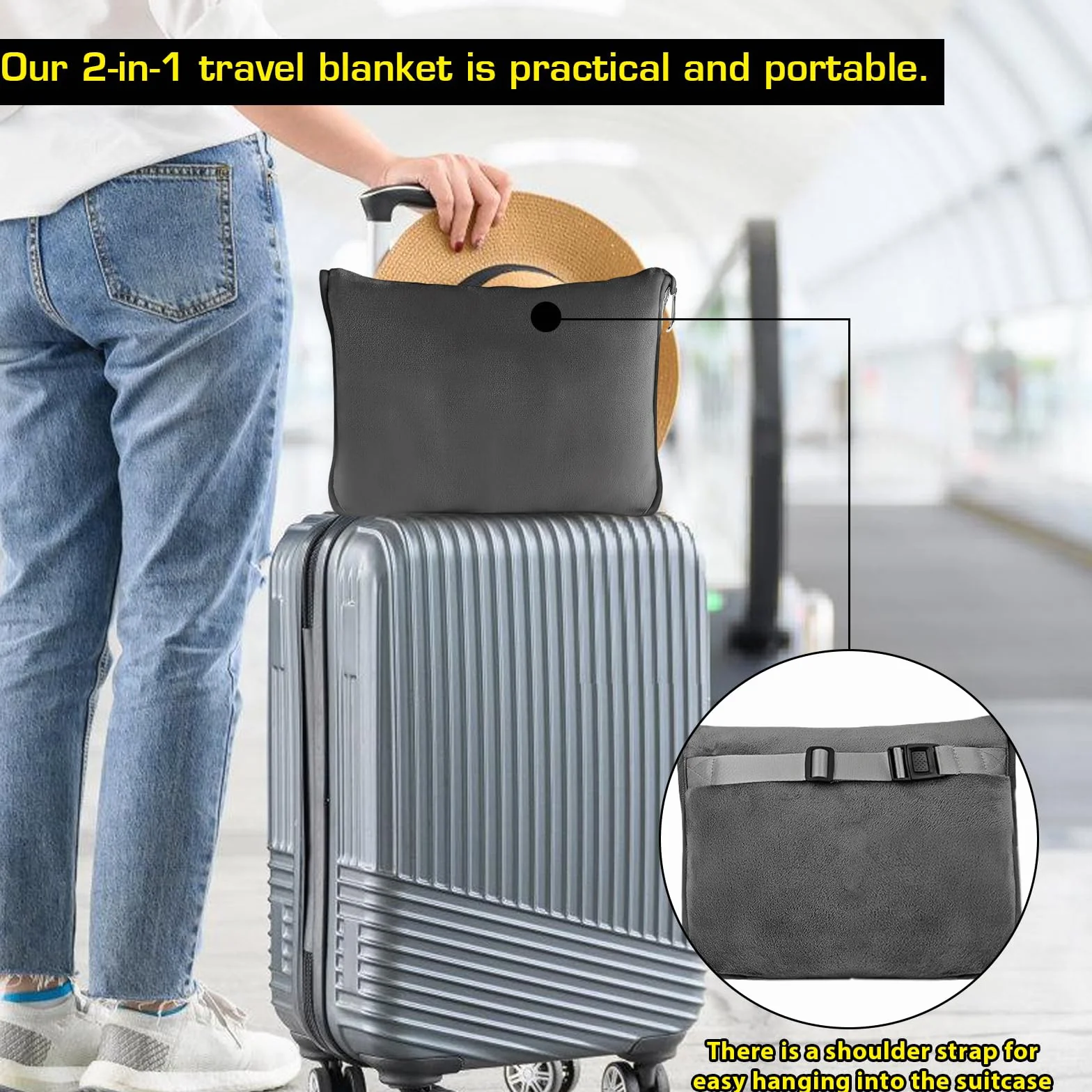 SPORWAY Couverture de voyage 2 en 1 127 × 152 cm grise avec taie d'oreiller douce et chaude