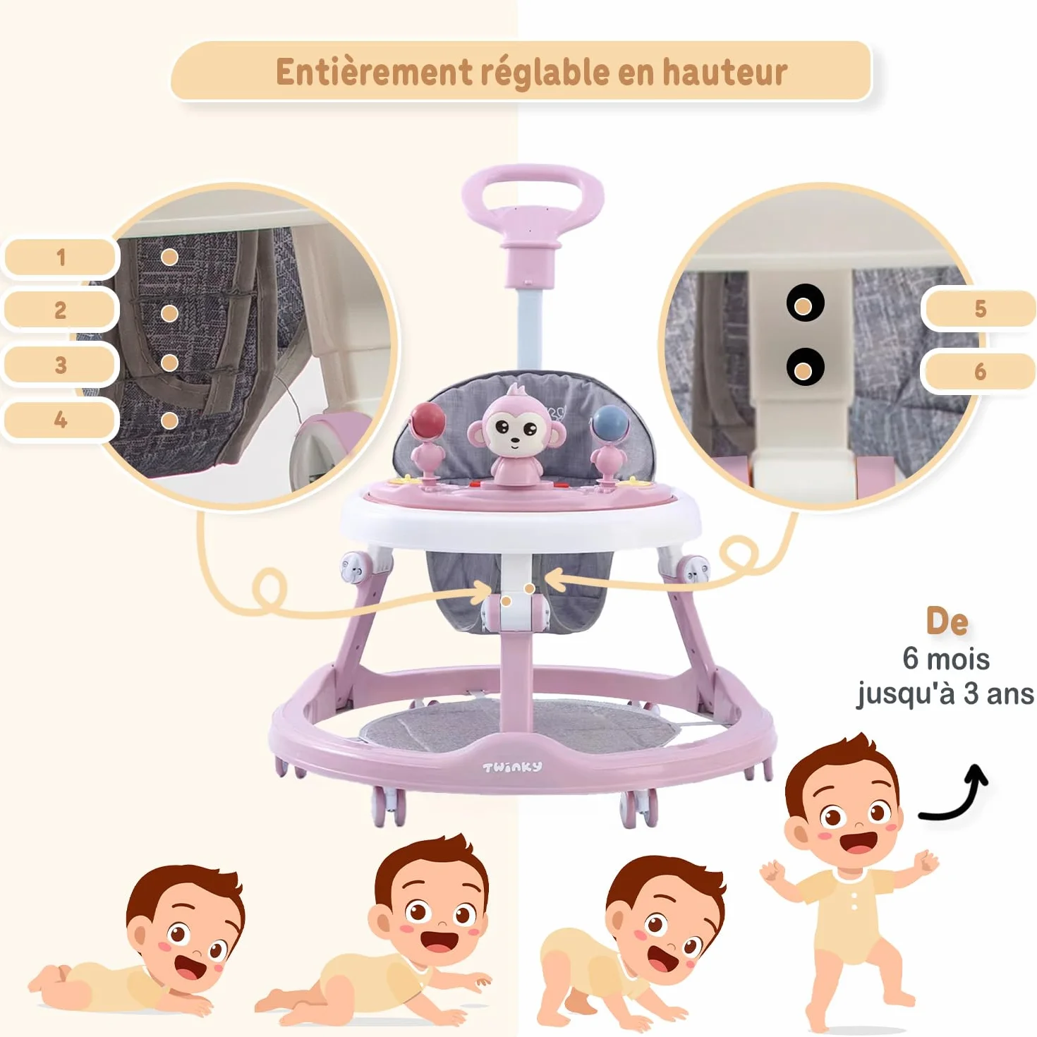 Twinky Trotteur Bebe avec ensemble de jeu et tapis de sol - Aide à la marche robuste 4 positions réglables - Rose