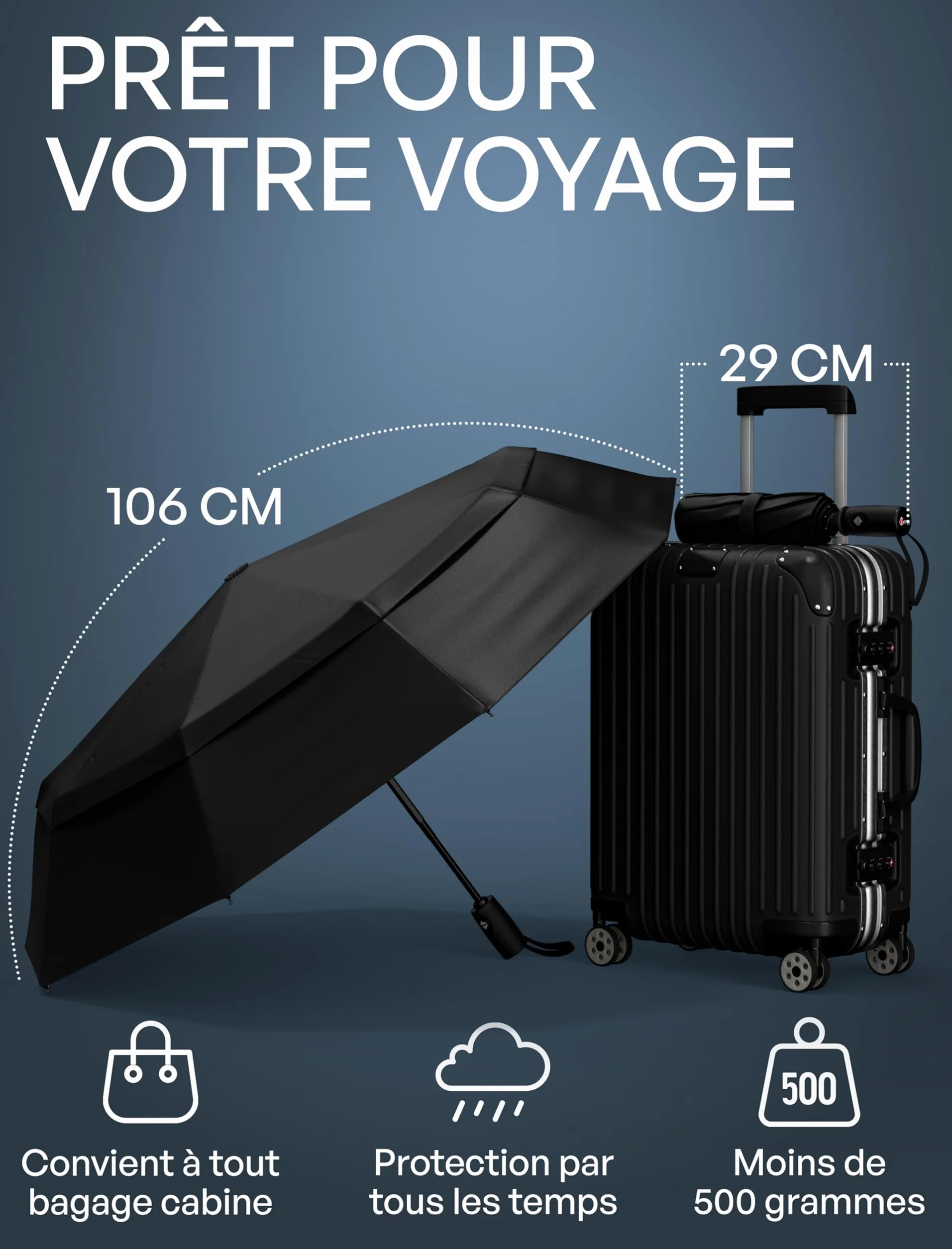 Parapluie Pliant Résistant au Vent Ouverture Automatique Armature Fibre de Verre Dôme Imperméable Compact