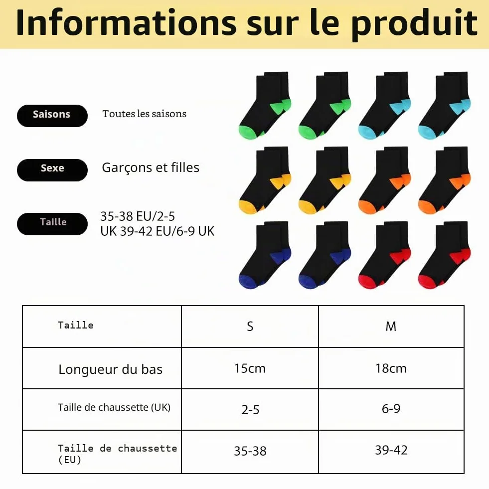 Chaussettes de sport pour Enfants, Coton, Respirantes, Paire de 12, Football Tennis