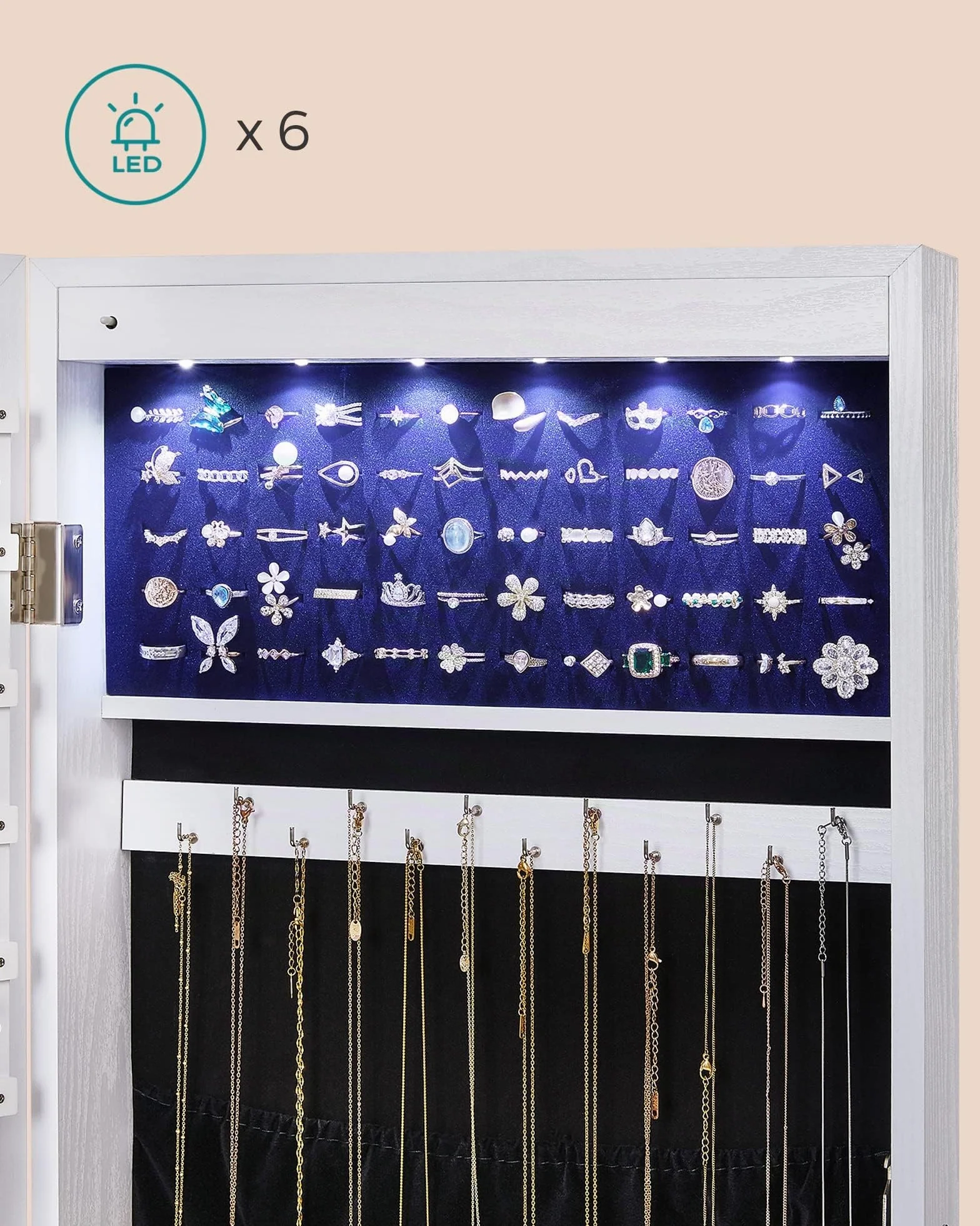 SONGMICS Armoire à Bijoux avec Miroir Long, 6 Lampes LED, 2 Tiroirs, Blanc JJC99WT
