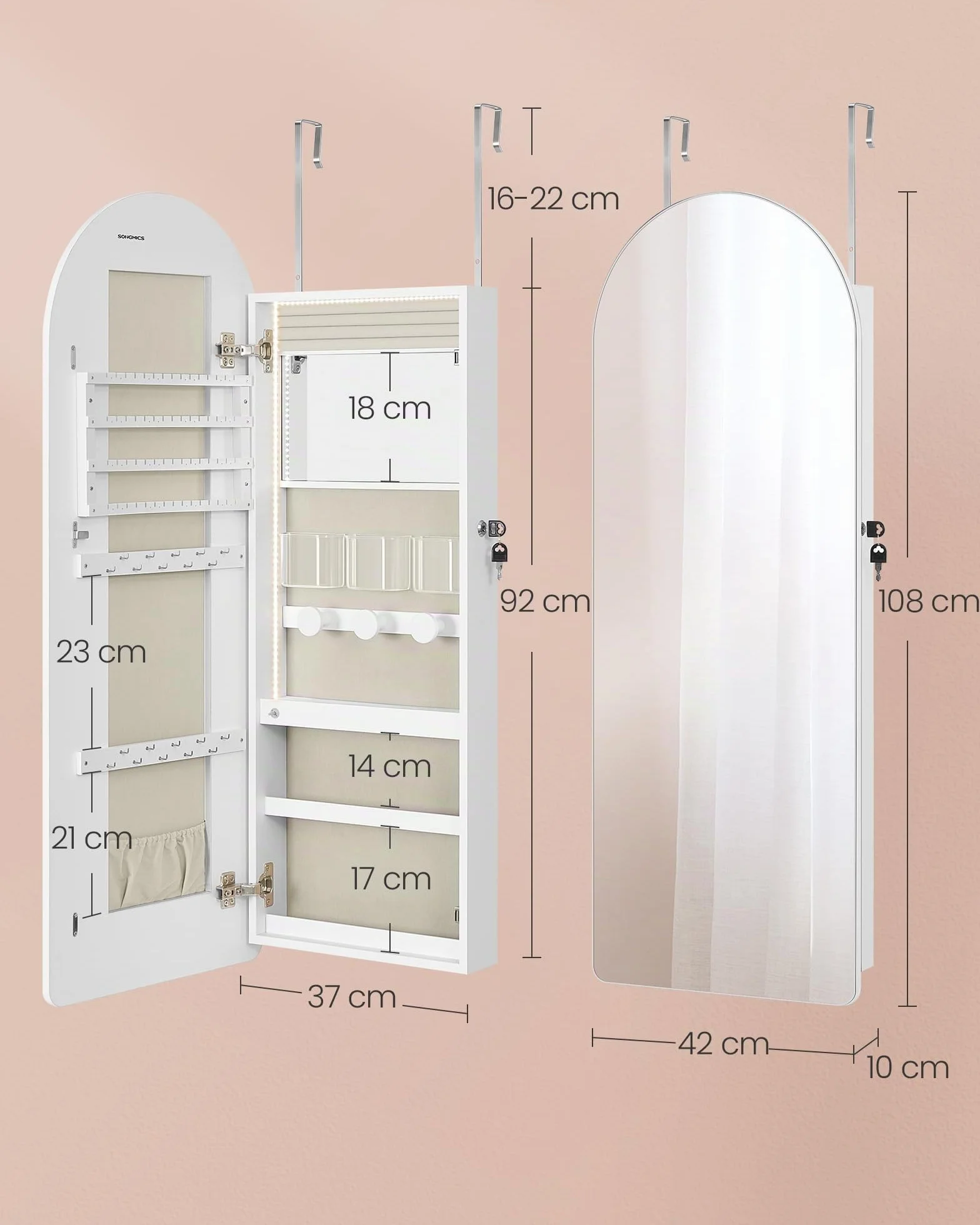SONGMICS Armoire à bijoux LED avec miroir bombé, verrouillable, coins arrondis, blanc nuage JJC020W01