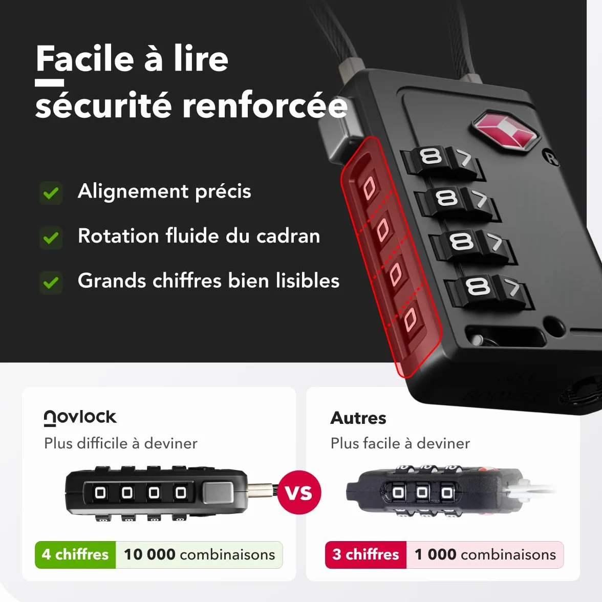 Cadenas TSA 4 chiffres Indicateur d'Ouverture Lot de 2 Noir pour Valise Bagage Cabine