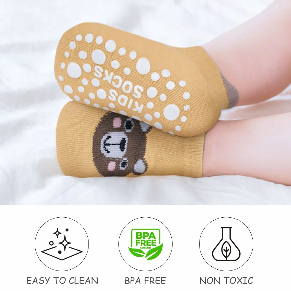 Vicloon Lot de 6 paires chaussettes antidérapantes coton imprimé animal bébé 12-18 mois