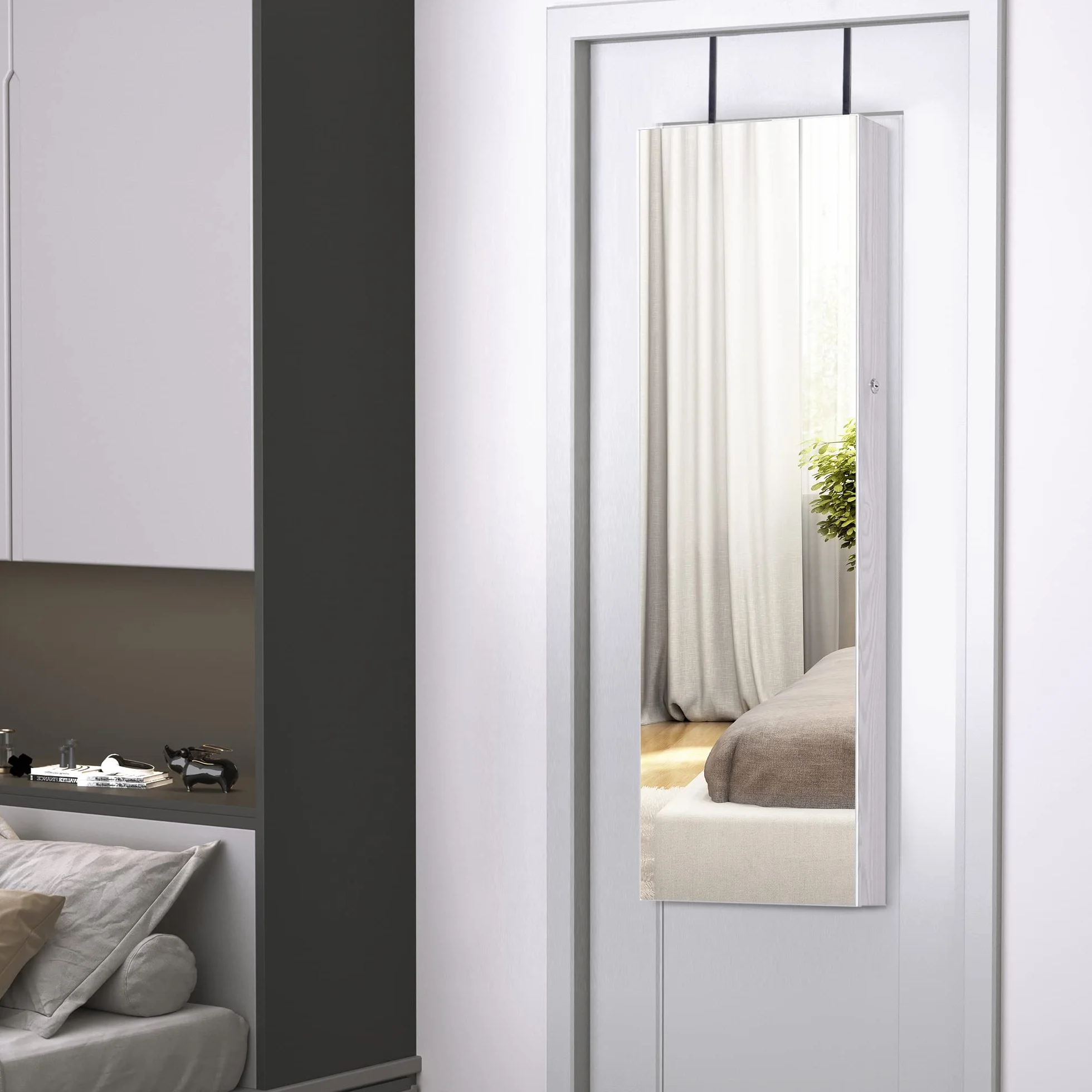 HOMCOM Armoire à bijoux avec miroir LED, verrouillable, fixation porte ou mur, 37x10x120cm, effet bois grisé