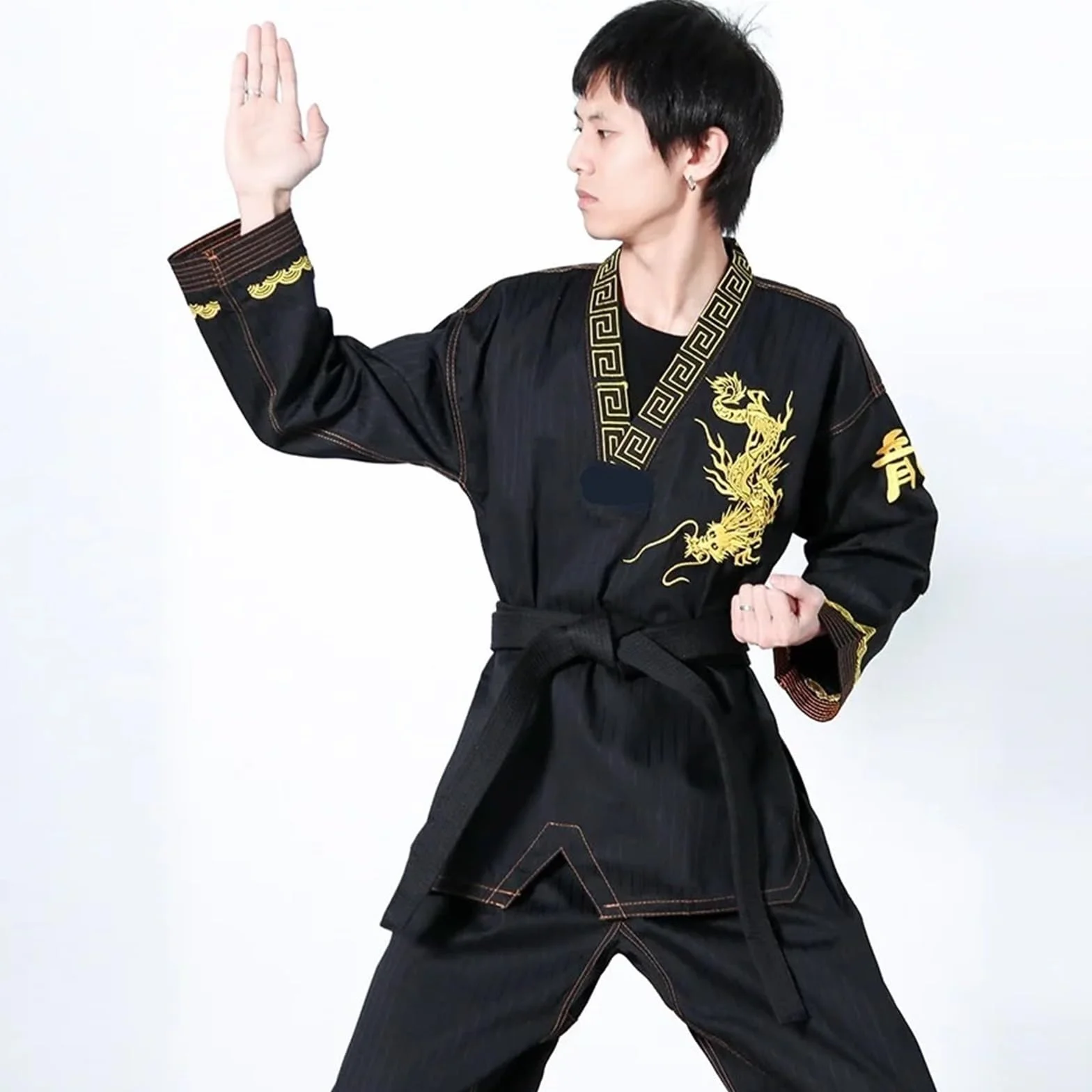 Ensemble d'uniforme Taekwondo Gi noir avec dragon brodé - Ceinture incluse
