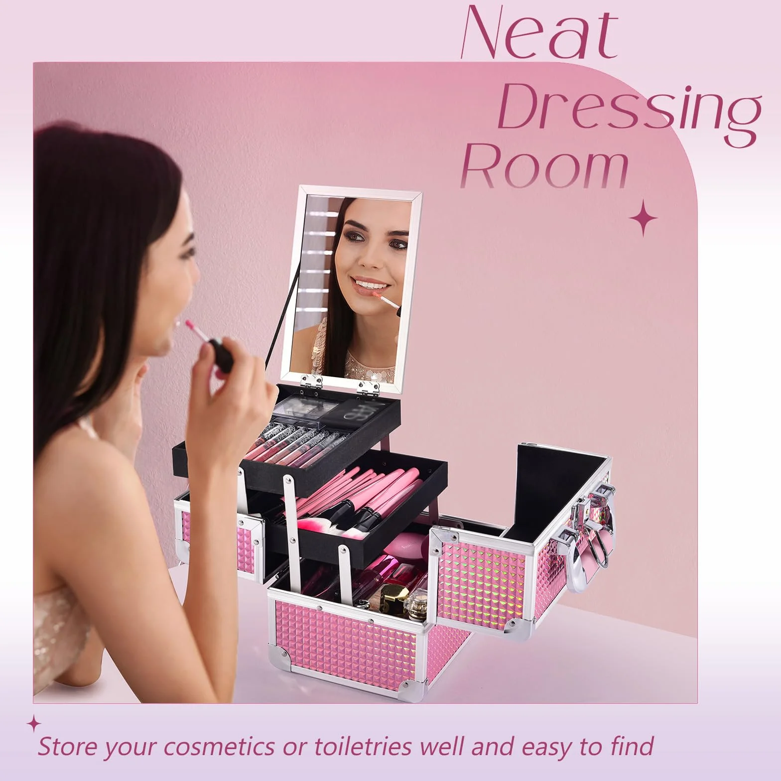 Joligrace Mallette Maquillage avec Miroir Valise Vanity Rangement Coiffure Beauty Case Rose