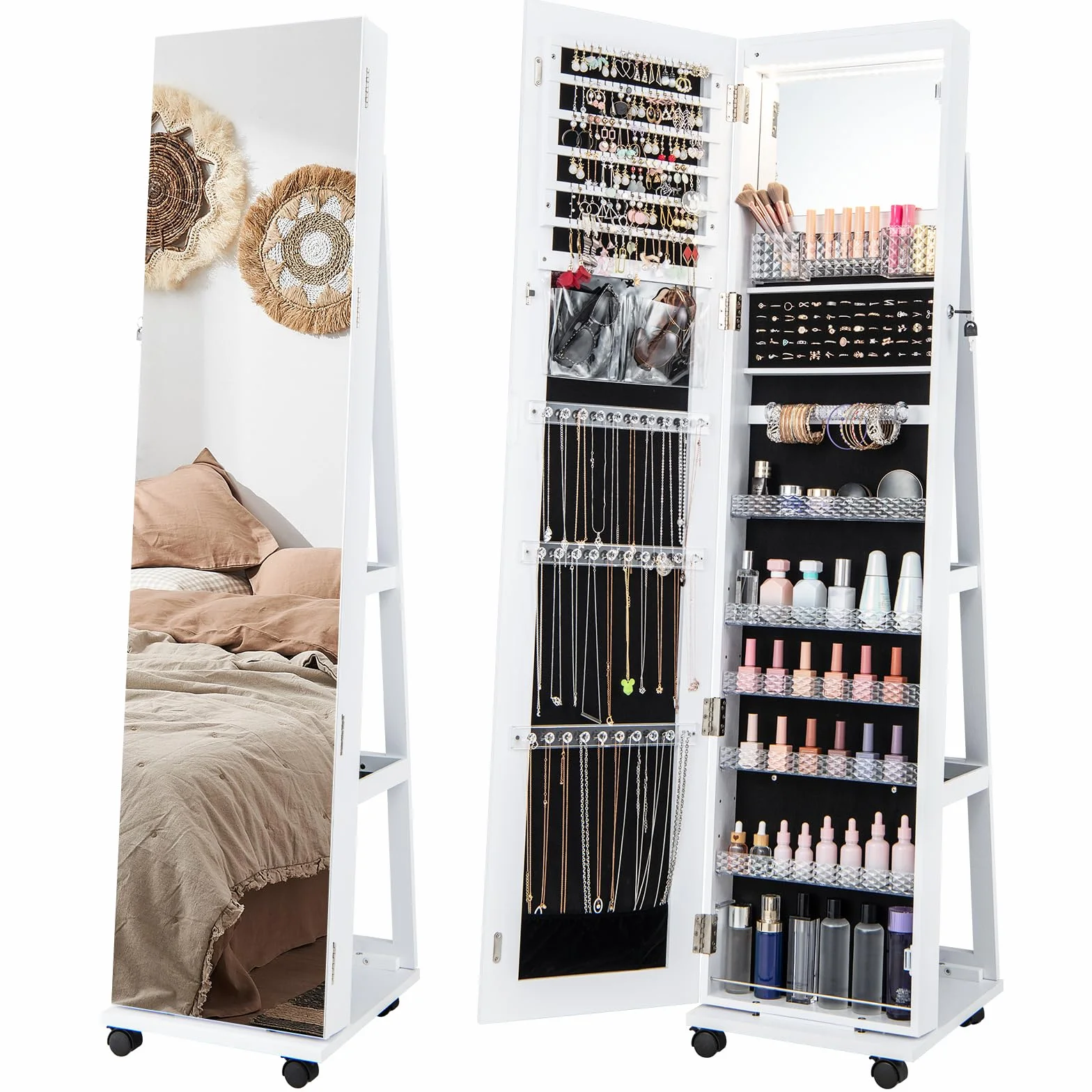 HOMASIS Armoire à bijoux sur roulettes avec lumières LED 3 couleurs, étagères réglables, miroir, 40 x 38 x 163 cm