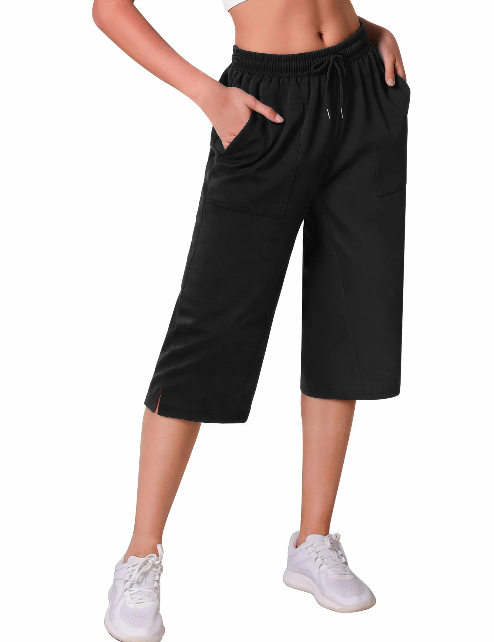 Pantacourt Femme Été Pantalon 3/4 Léger Sport avec Poches Taille Haute Couleur Unie S-3XL