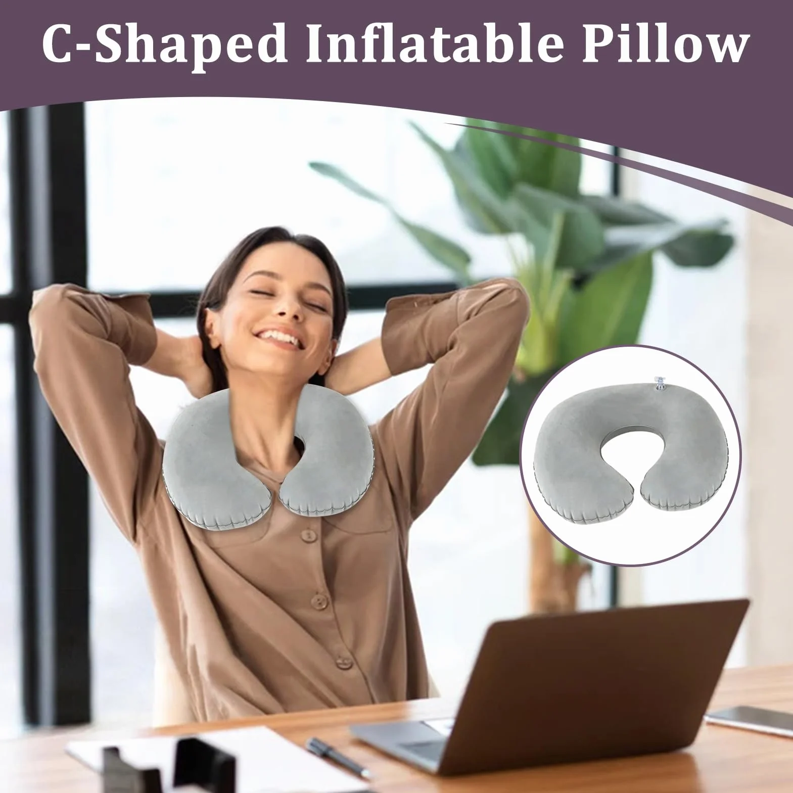 Coussin Voyage Gonflable en Forme de U pour la Nuque Portable, Oreiller de Voyage Pliable, Bleu+Gris