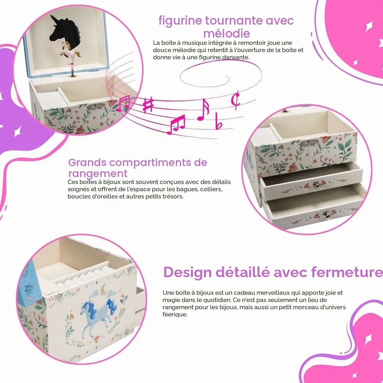GICO Boîte à bijoux musicale licorne pour enfants avec deux tiroirs