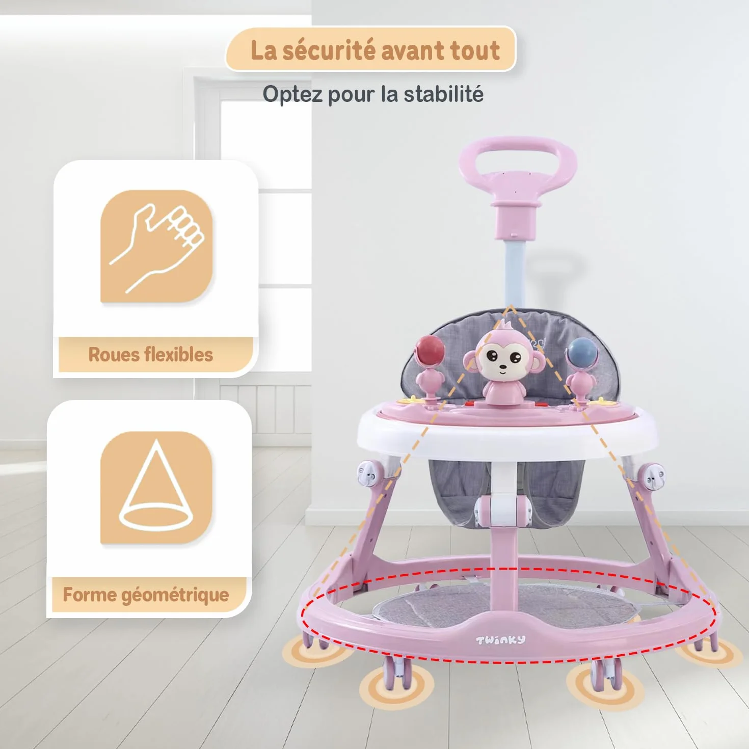 Twinky Trotteur Bebe avec ensemble de jeu et tapis de sol - Aide à la marche robuste 4 positions réglables - Rose