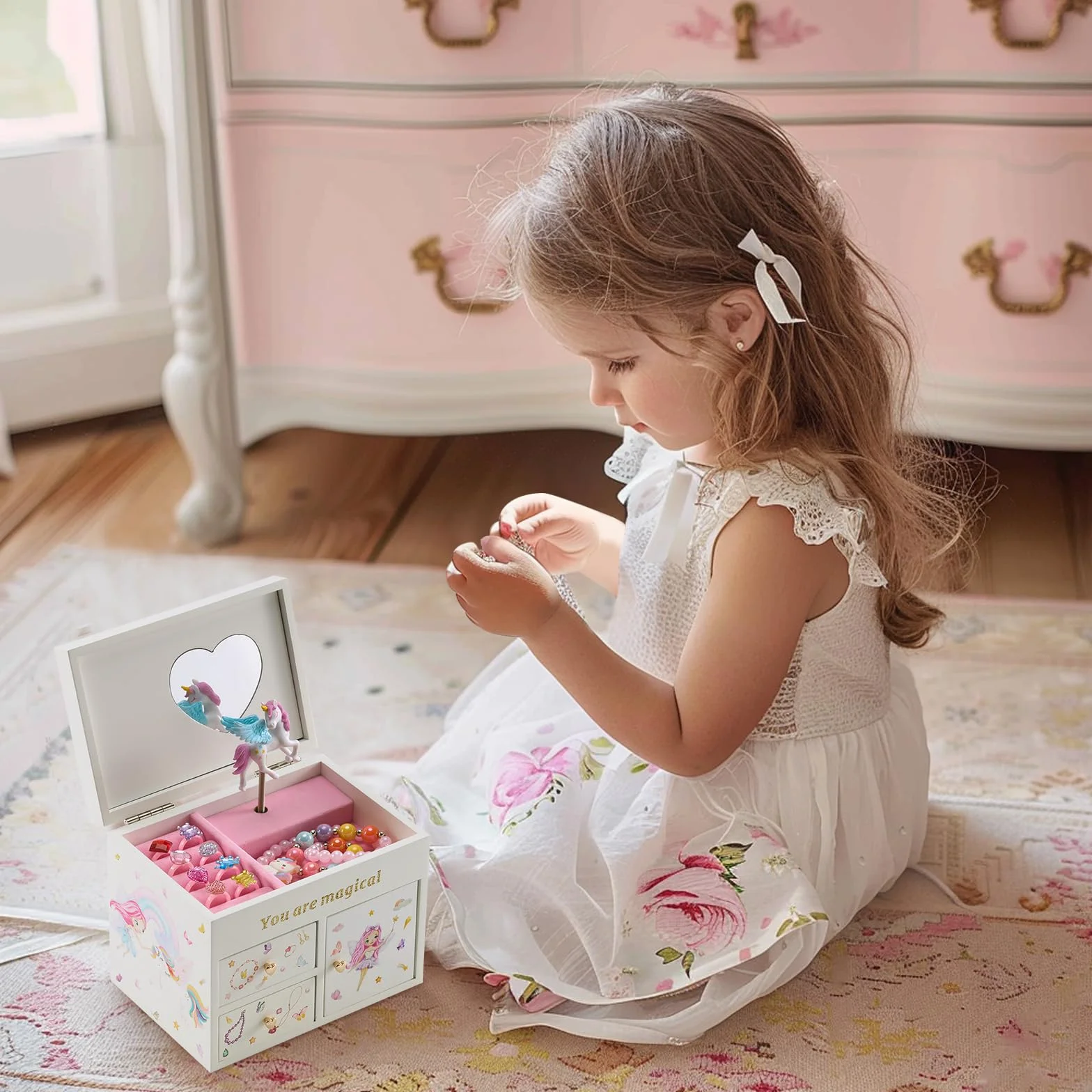 Boîte Bijoux Enfant Licorne Musicale Bois Blanc pour Ranger Colliers Bracelets Bagues Montres