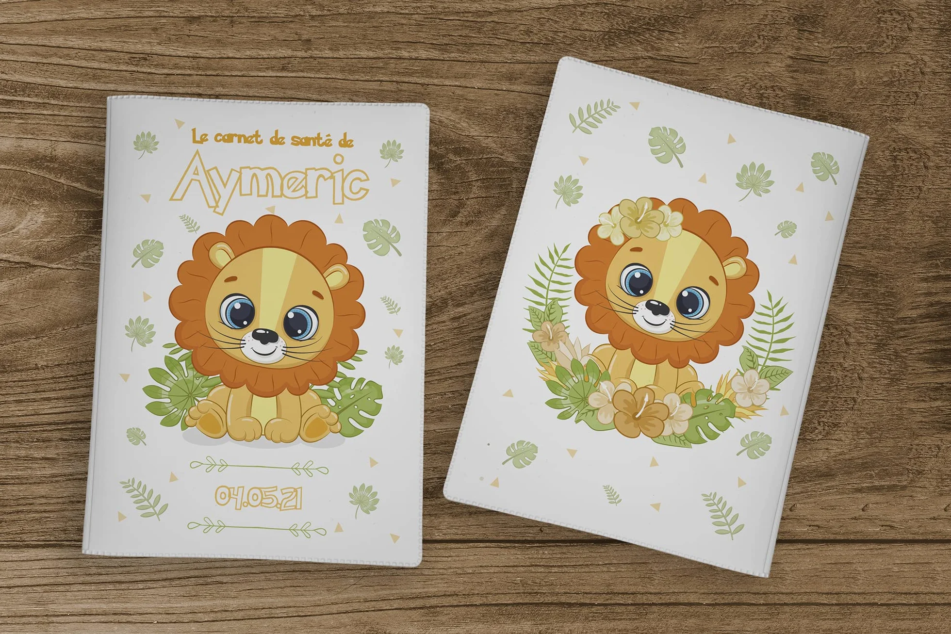 Protège carnet de santé personnalisé Lion Jungle, cadeau naissance original bébé