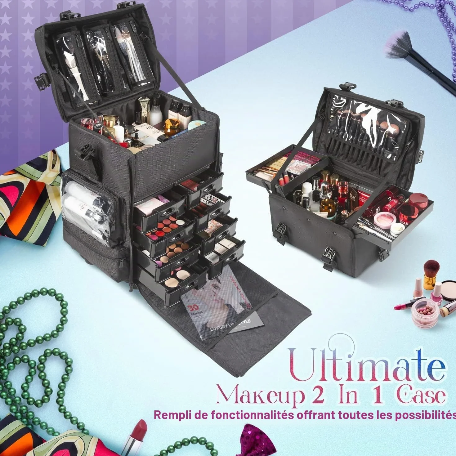 Mallette de Maquillage Professionnelle Kemier Roues Omni-directionnelles 2 en 1 à Côté Souple avec Tiroirs