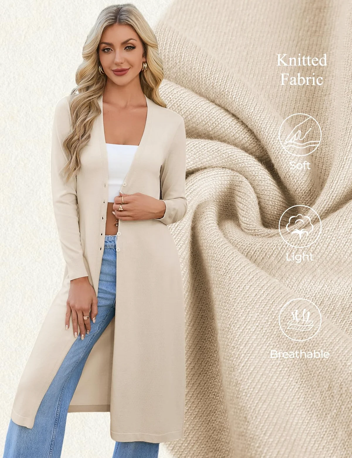 GRACE KARIN Cardigan long et léger pour femme avec col en V élégant et boutons