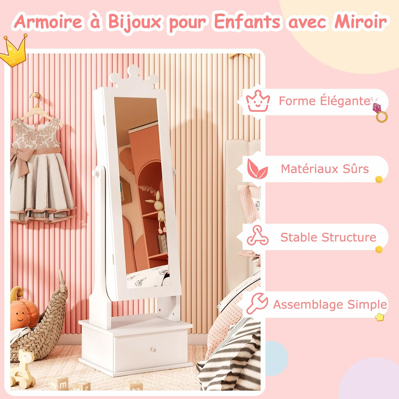 COSTWAY 2 en 1 Armoire à Bijoux Enfants avec Miroir, Organisateur Couronne 3 Tiroirs, Charge 10kg, Blanc