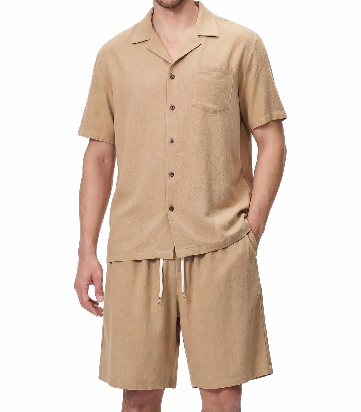 Ensemble Lin Homme 2 Pièces Chemise Manches Courtes Short Plage Été Décontracté