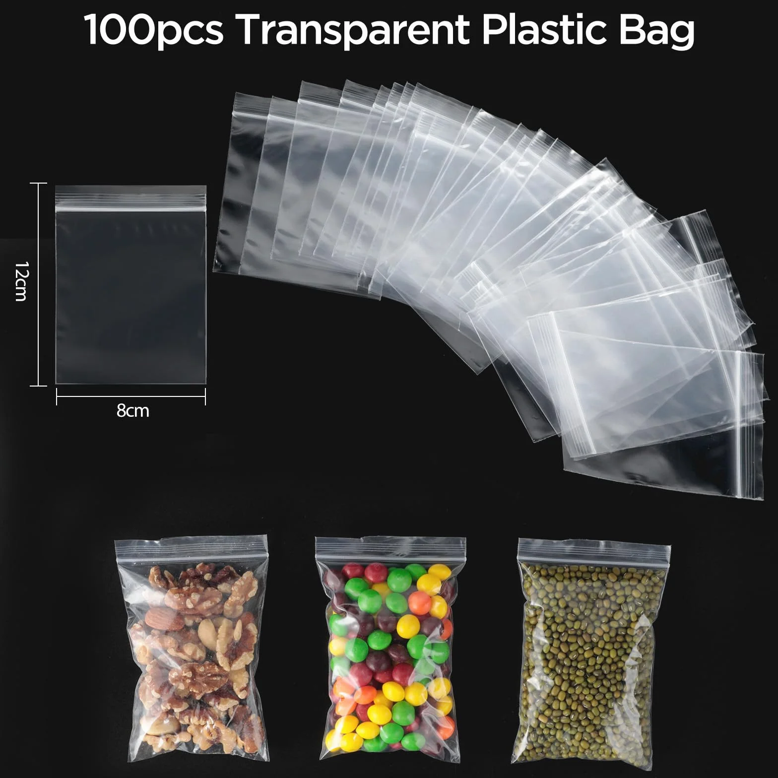 Sachet Plastique Transparent 8 x 12 cm, Lot de 100 Sachets Zip Refermables