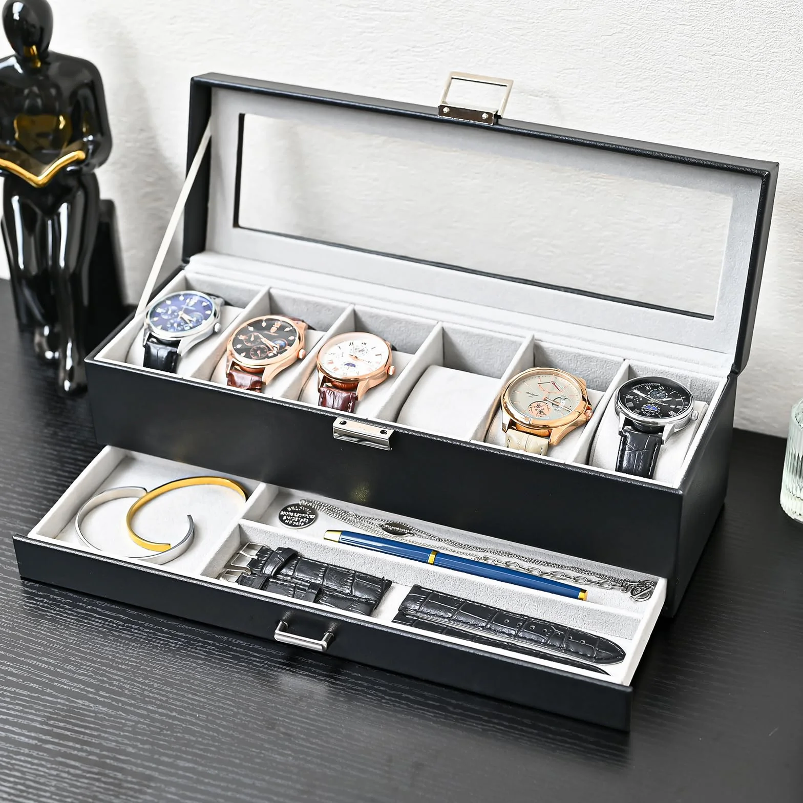 ProCase Boite a Montre 2 Niveaux 6 Emplacements avec Coussins Couvercle en Verre Noir
