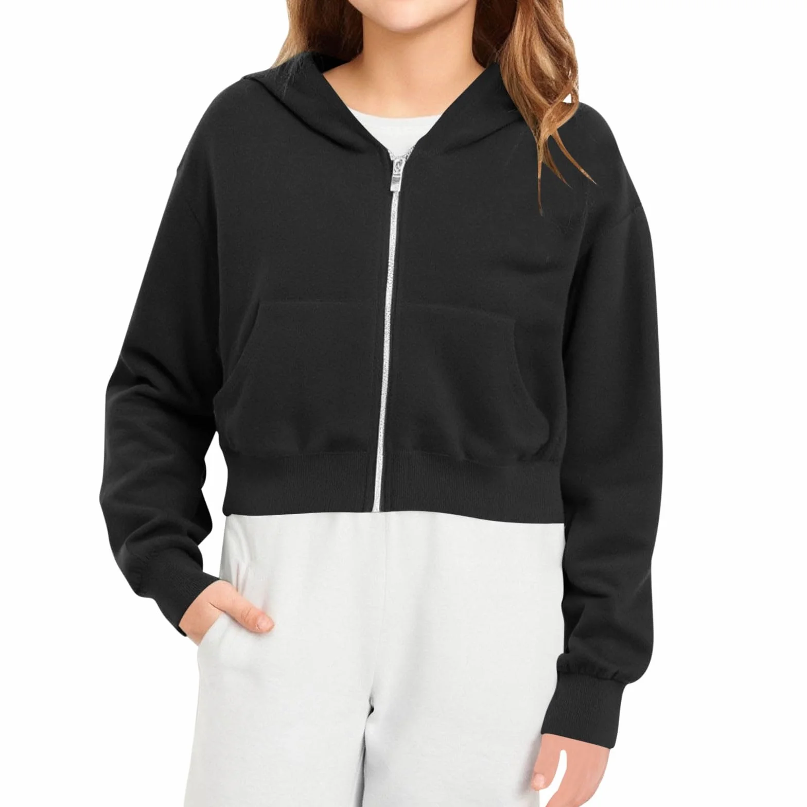 Sweat Court Fille à Capuche Zippée Veste Crop Top Sweatshirt Ado Manche Longue Hiver
