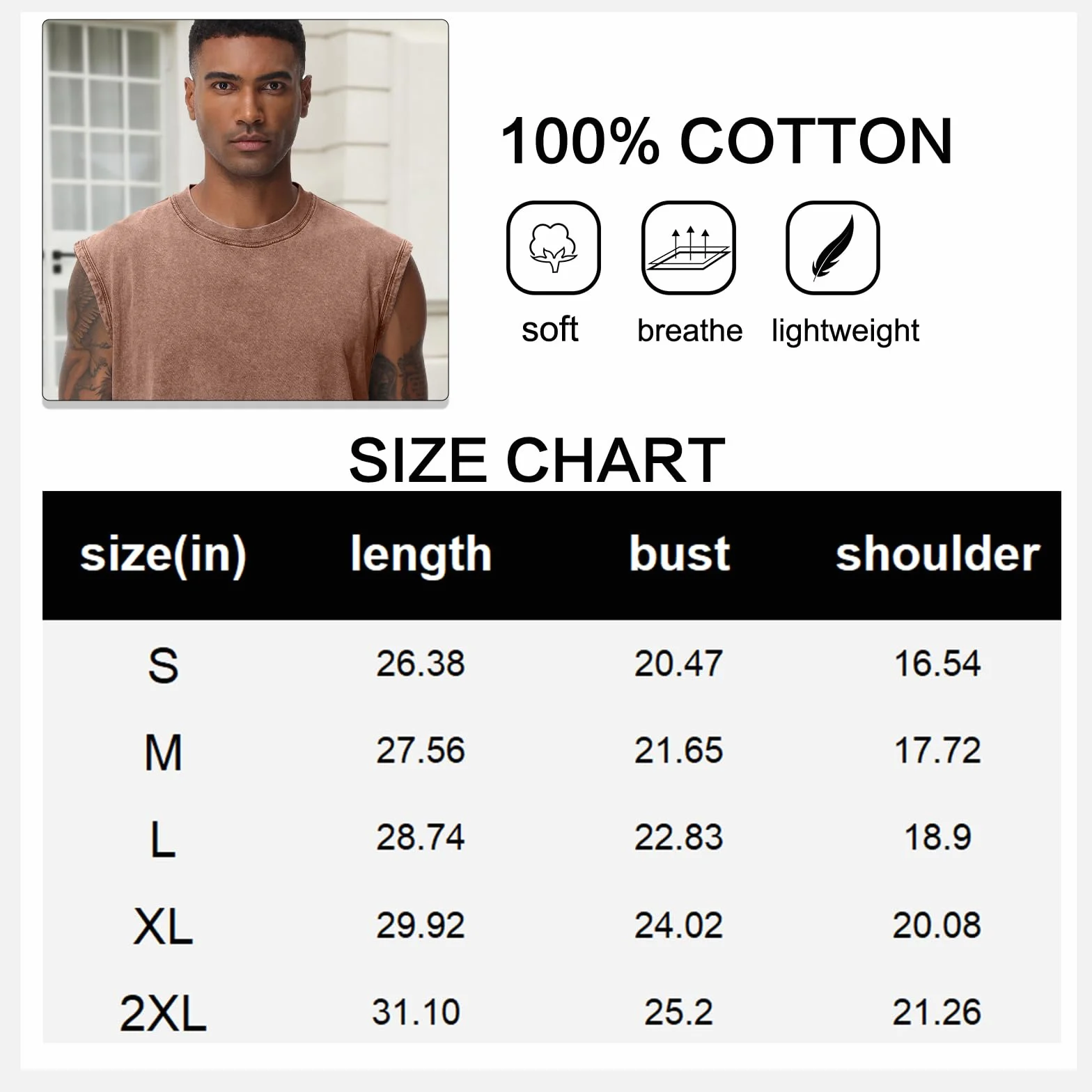 T-shirt sans manches homme coton délavé fitness gym été
