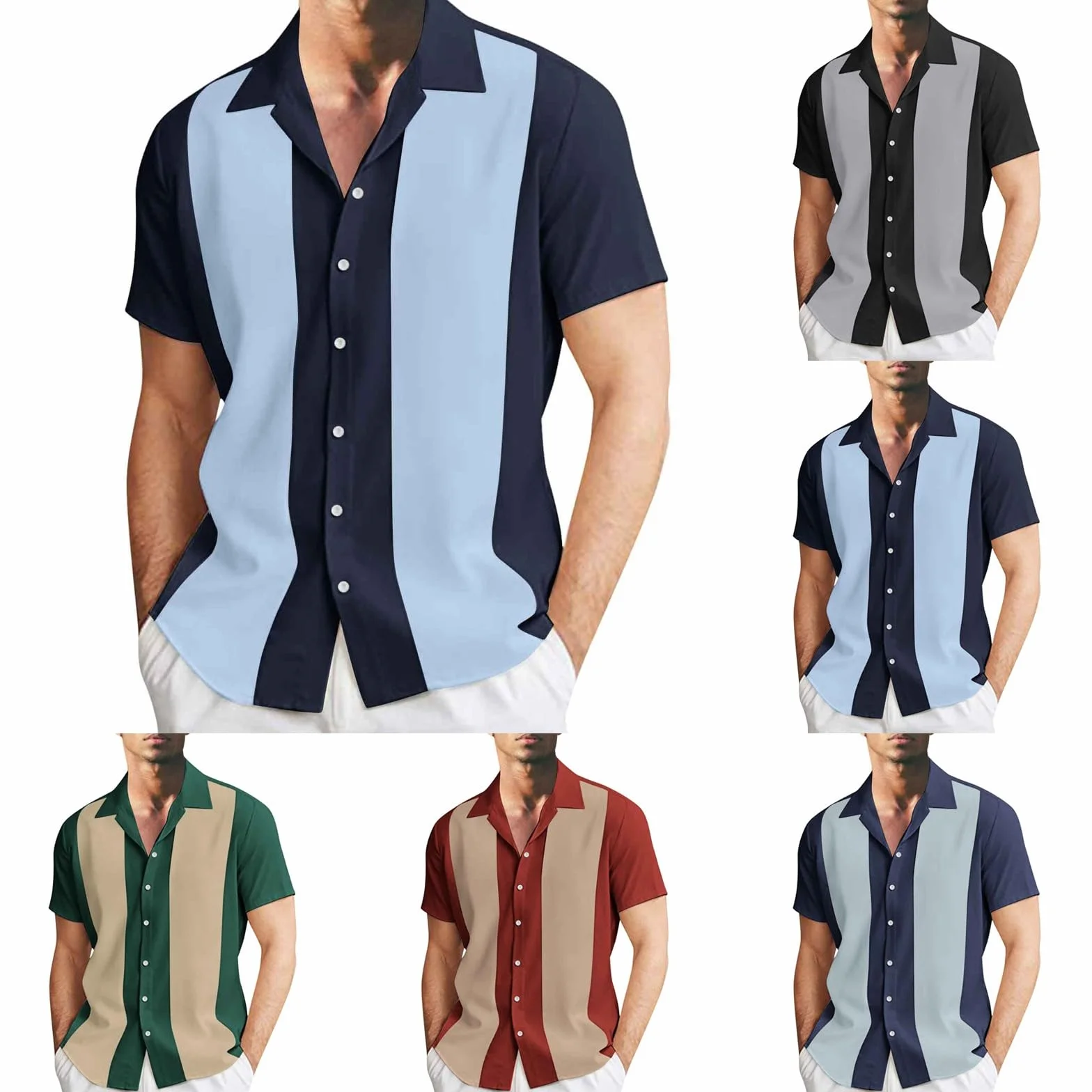 Chemise de Bowling Homme Rockabilly Classique Manches Courtes Bicolore rayée Boutonnée Coupe Droite