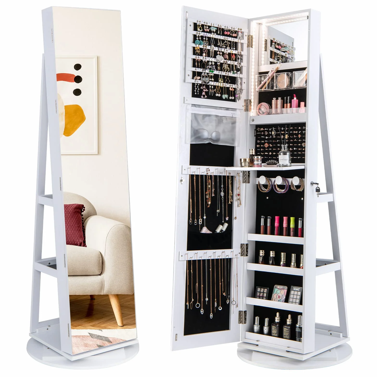 GOPLUS Armoire à Bijoux avec Miroir sur Pied, Rotative 360° Lumière LED 3 Couleurs, Verrouillable, Blanc