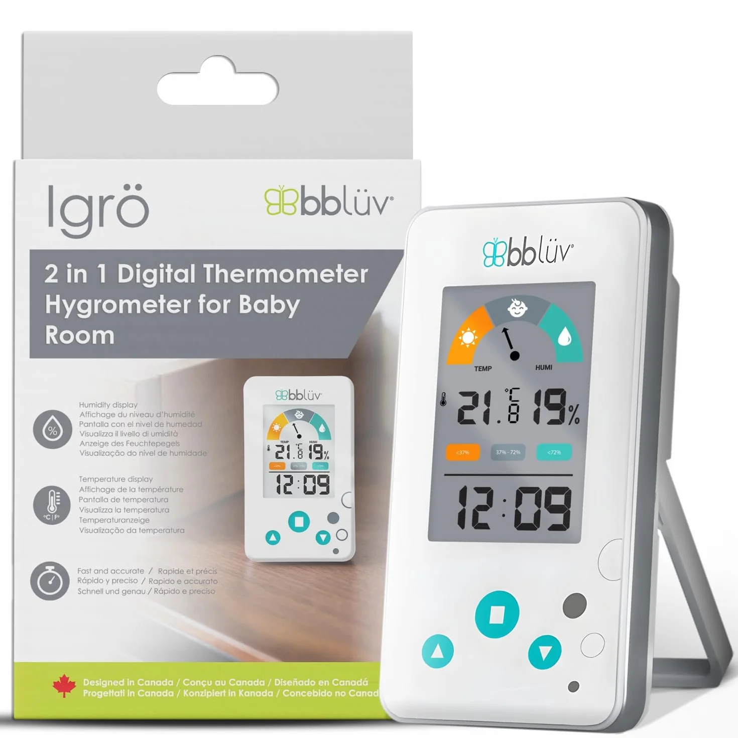 bblüv Igrö Thermometre Hygrometre Numérique 2-en-1 Thermomètre Interieur Chambre Bébé Moniteur Température Humidité Précis Écran LCD Indicateur Confort Horloge