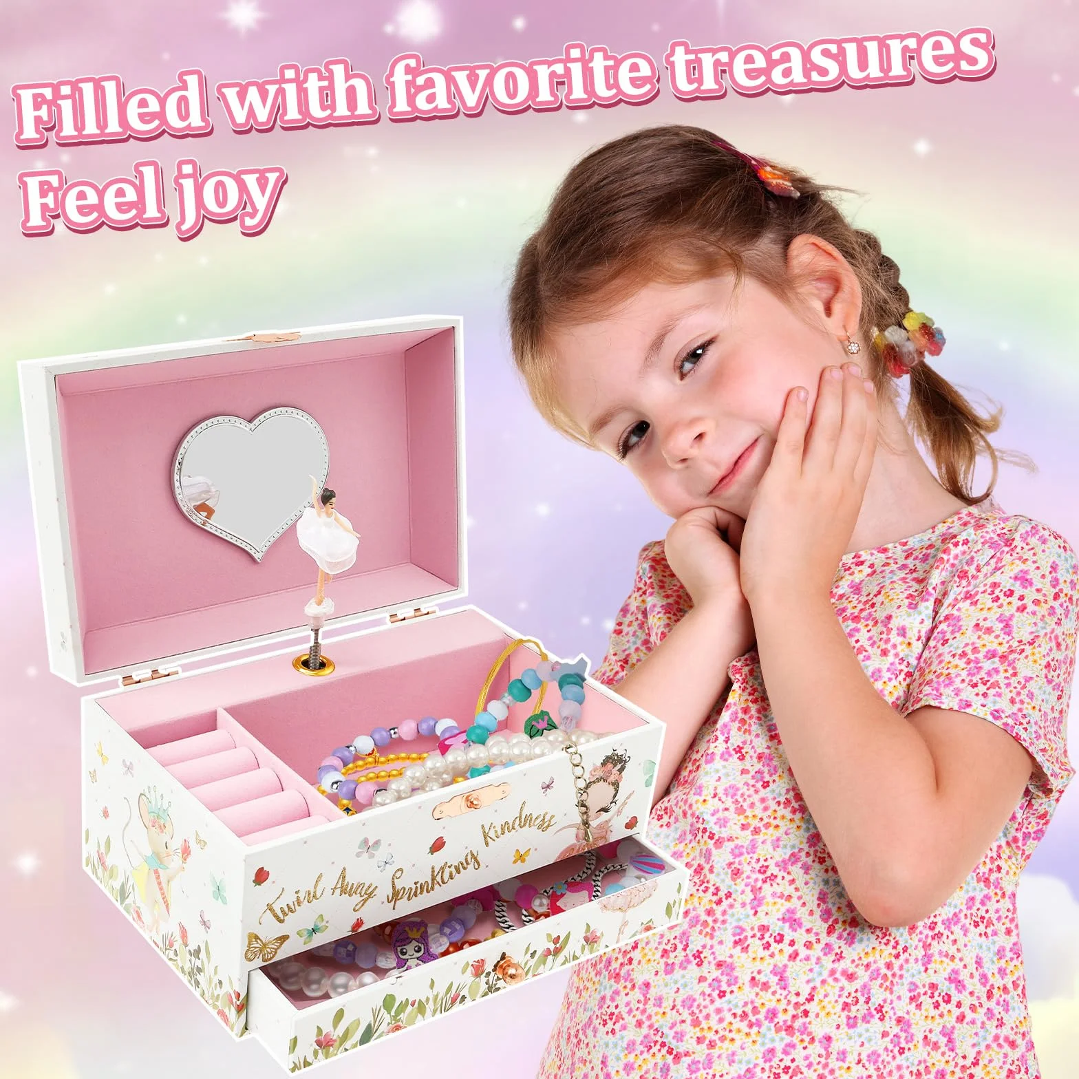 Boîte à bijoux musicale pour enfants petite princesse tournante 17,8 x 11,2 x 9,7 cm