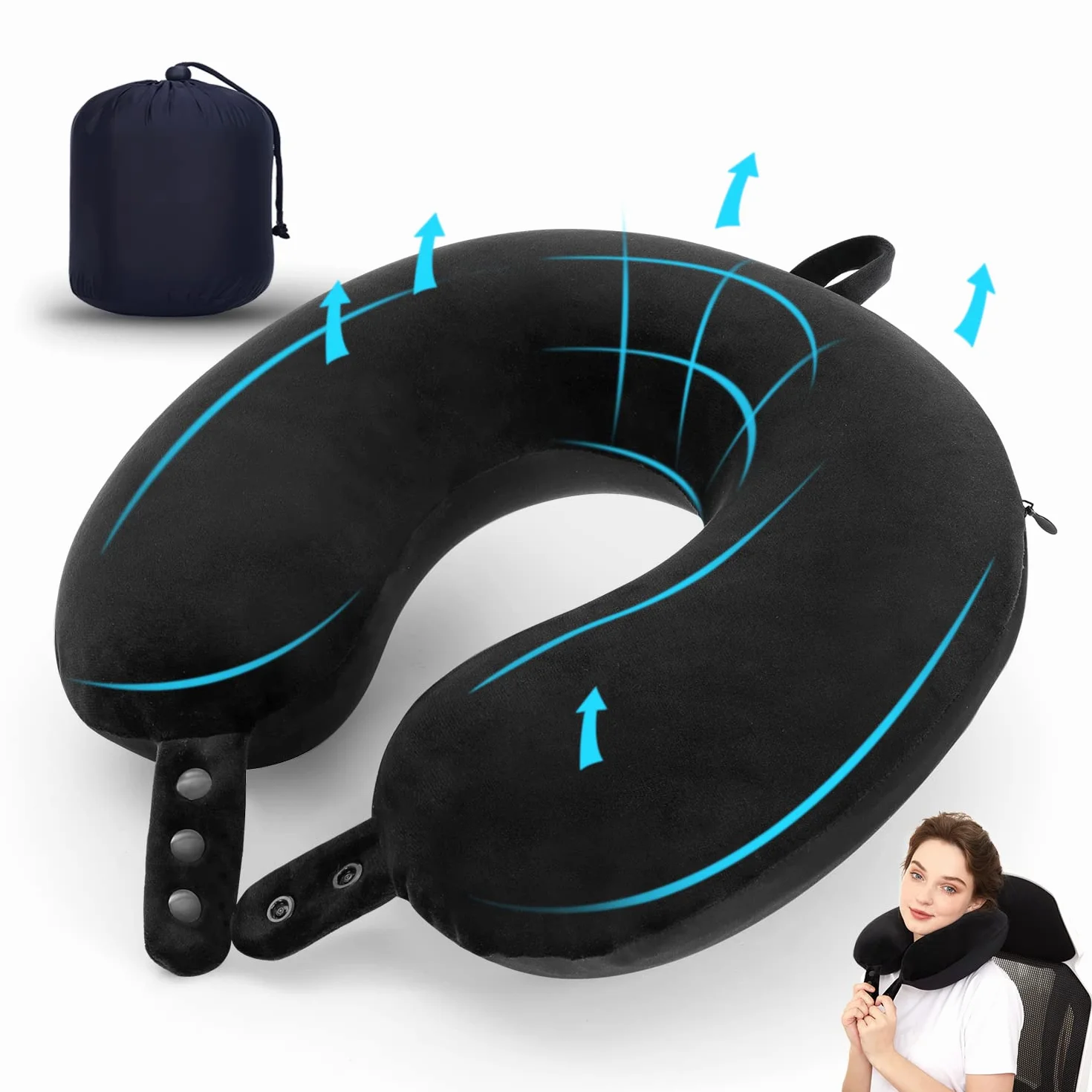 Oreiller de Voyage en Mousse à Mémoire de Forme Soutien Tête Réglable Avion Voiture Maison Noir
