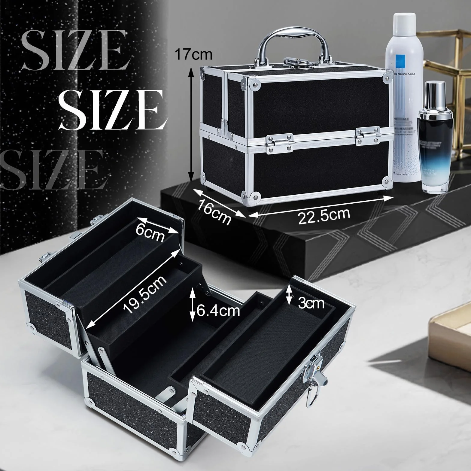 Malette Maquillage Vide Boite Rangement Verrouillable Vanity Noir