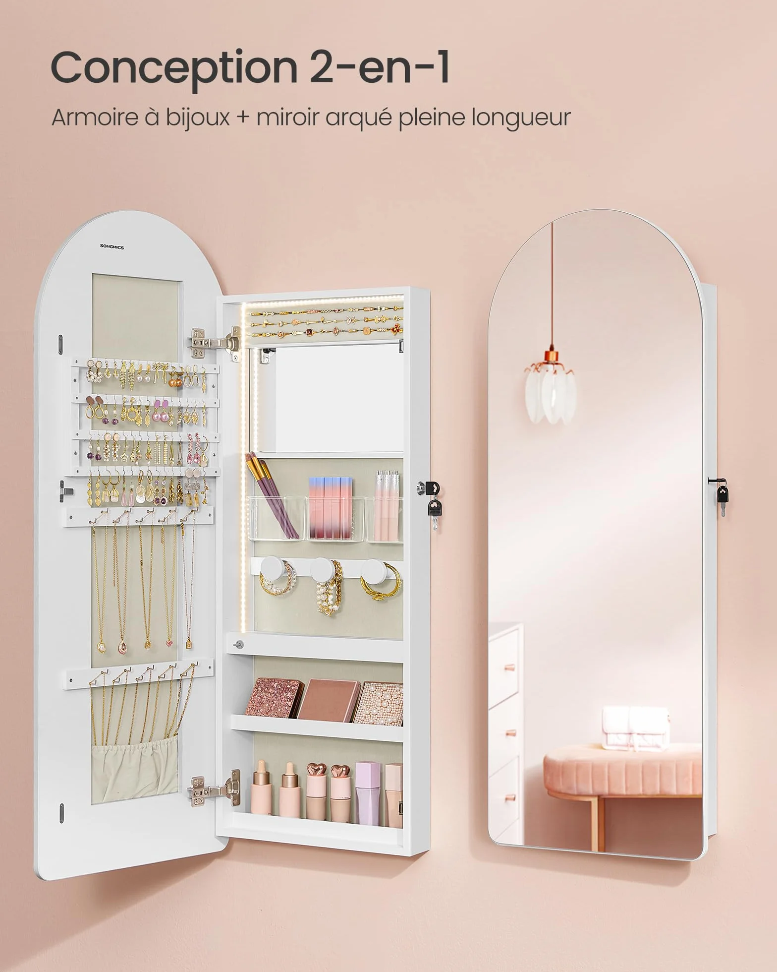 SONGMICS Armoire à bijoux LED avec miroir bombé, verrouillable, coins arrondis, blanc nuage JJC020W01