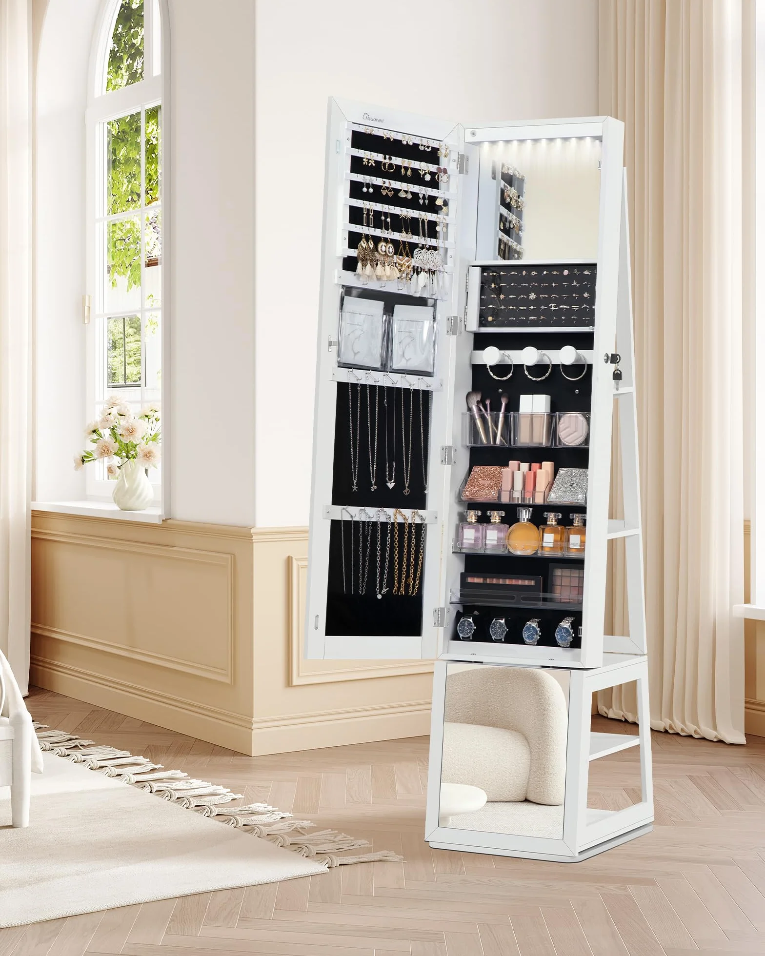 Armoire à bijoux 160cm avec LEDs, base rotative 360°, miroir verrouillable, Blanc et Beige